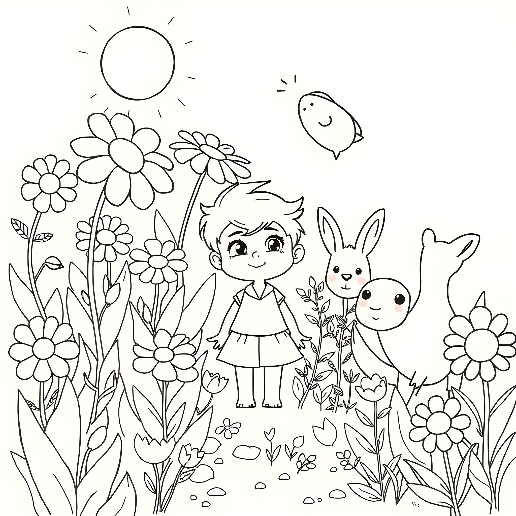 Teenyginger exploring the whimsical garden with animal friends Coloring Page (free black-and-white line drawing printable PDF for all, from beginners to advanced learners, including children, teens, adults, and seniors)