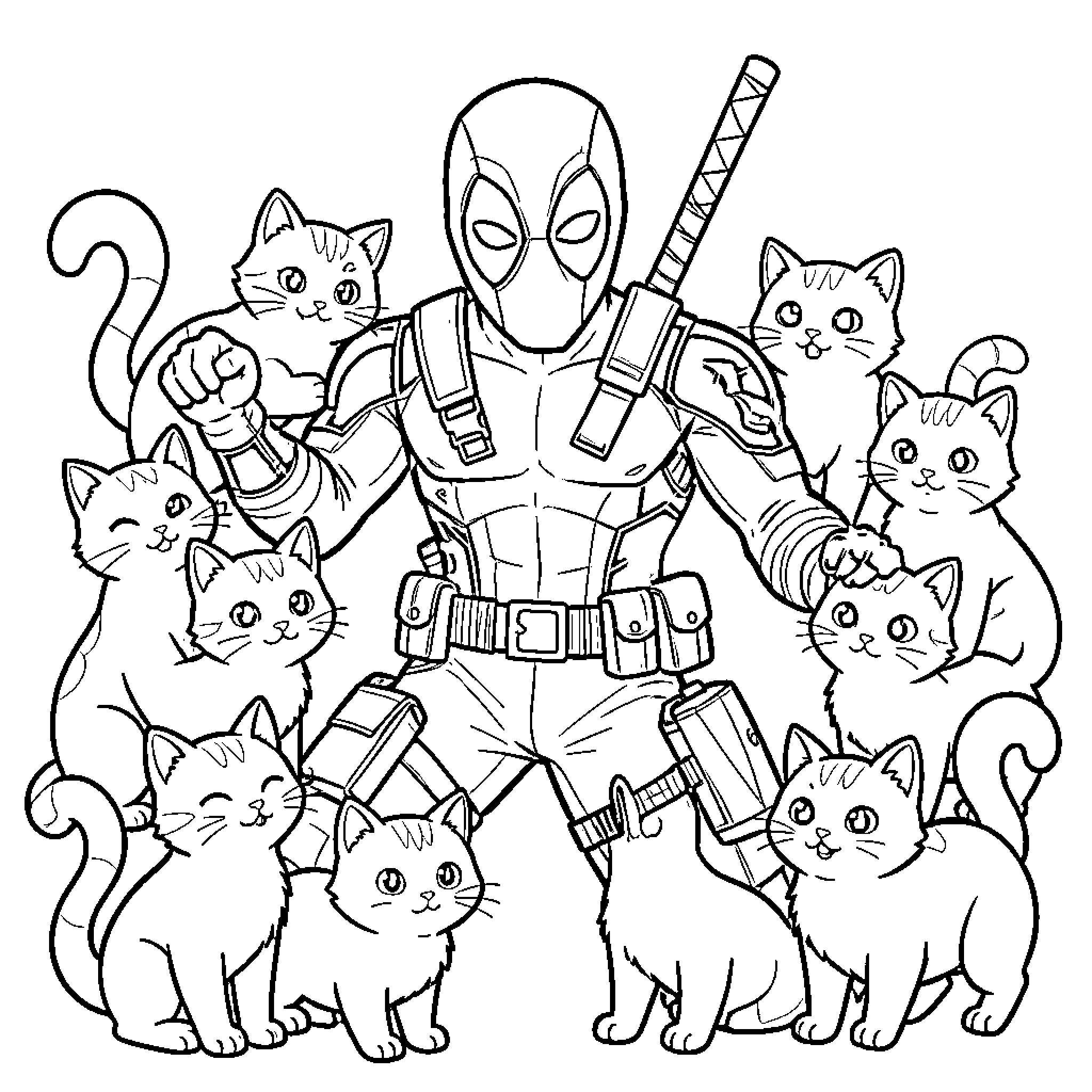 Deadpool's Feline Adventure with Kittens Coloring Page (free black-and-white line drawing printable PDF for all, from beginners to advanced learners, including children, teens, adults, and seniors)