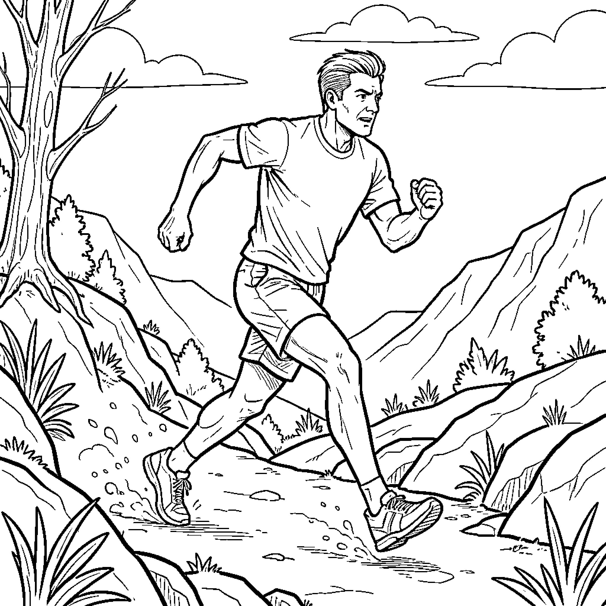 Runner jogging through a scenic mountain trail Coloring Page (free black-and-white line drawing printable PDF for all, from beginners to advanced learners, including children, teens, adults, and seniors)