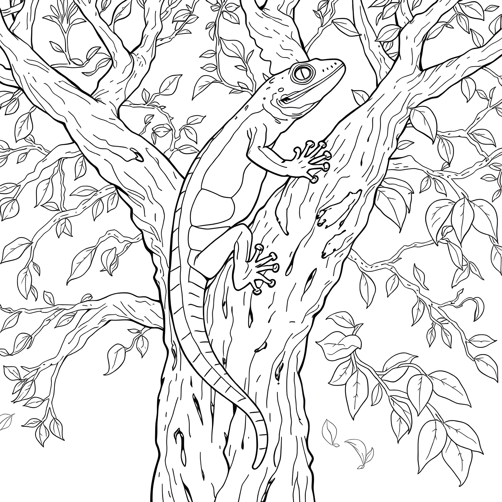 Skink lounging on a tree branch Coloring Page (free black-and-white line drawing printable PDF for all, from beginners to advanced learners, including children, teens, adults, and seniors)