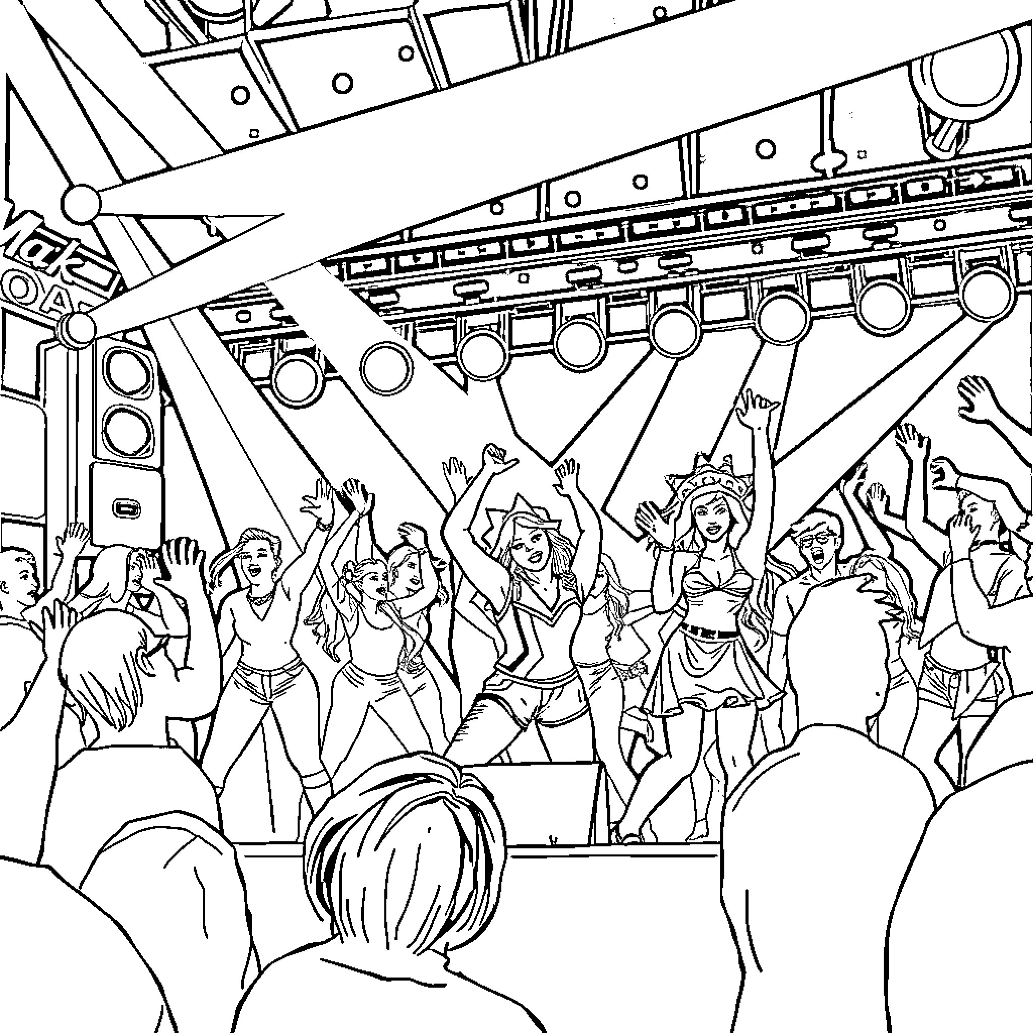 MaK Pop Crowd Enthusiastically Performing on Stage Coloring Page (free black-and-white line drawing printable PDF for all, from beginners to advanced learners, including children, teens, adults, and seniors)
