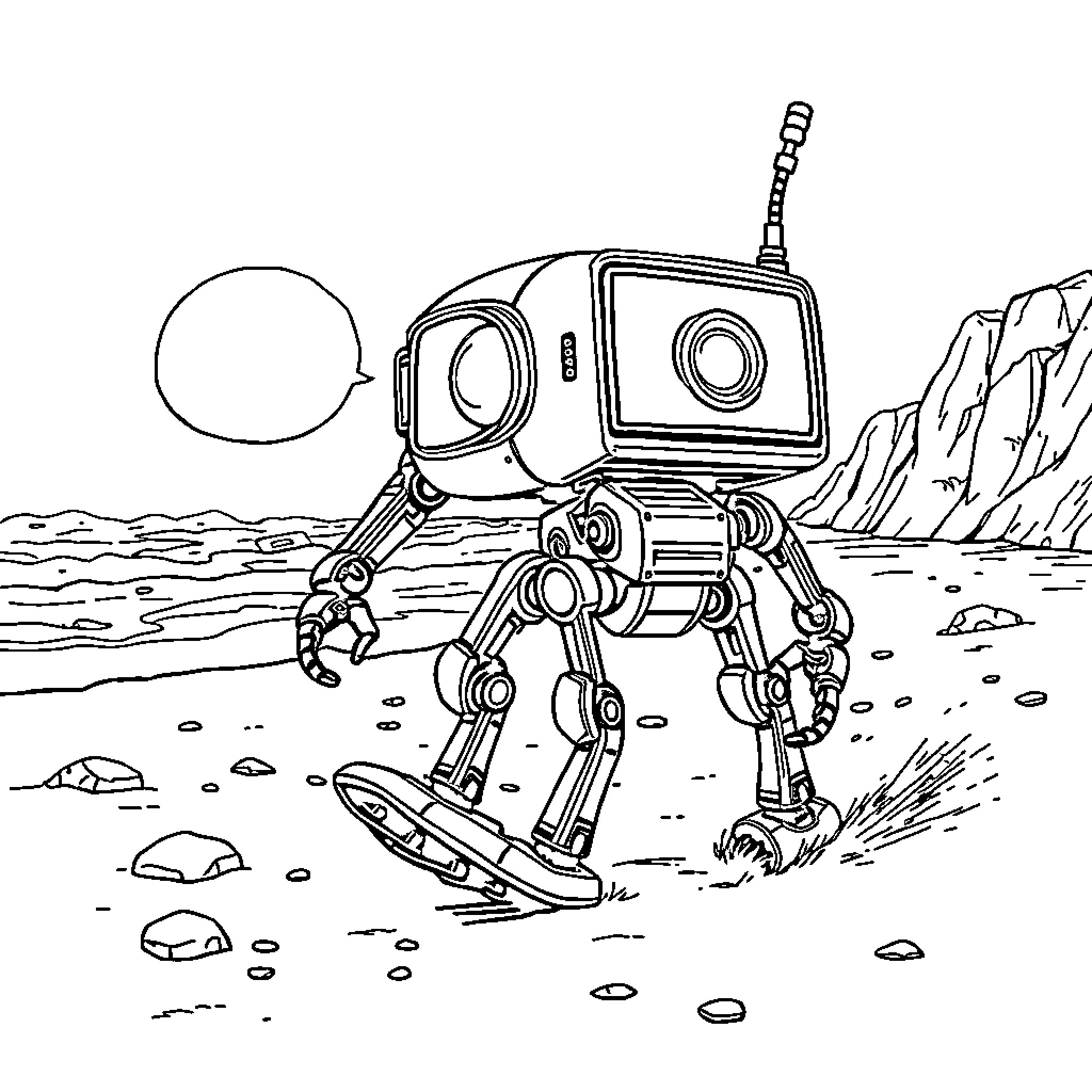 Ajolote robot exploring the lunar landscape Coloring Page (free black-and-white line drawing printable PDF for all, from beginners to advanced learners, including children, teens, adults, and seniors)