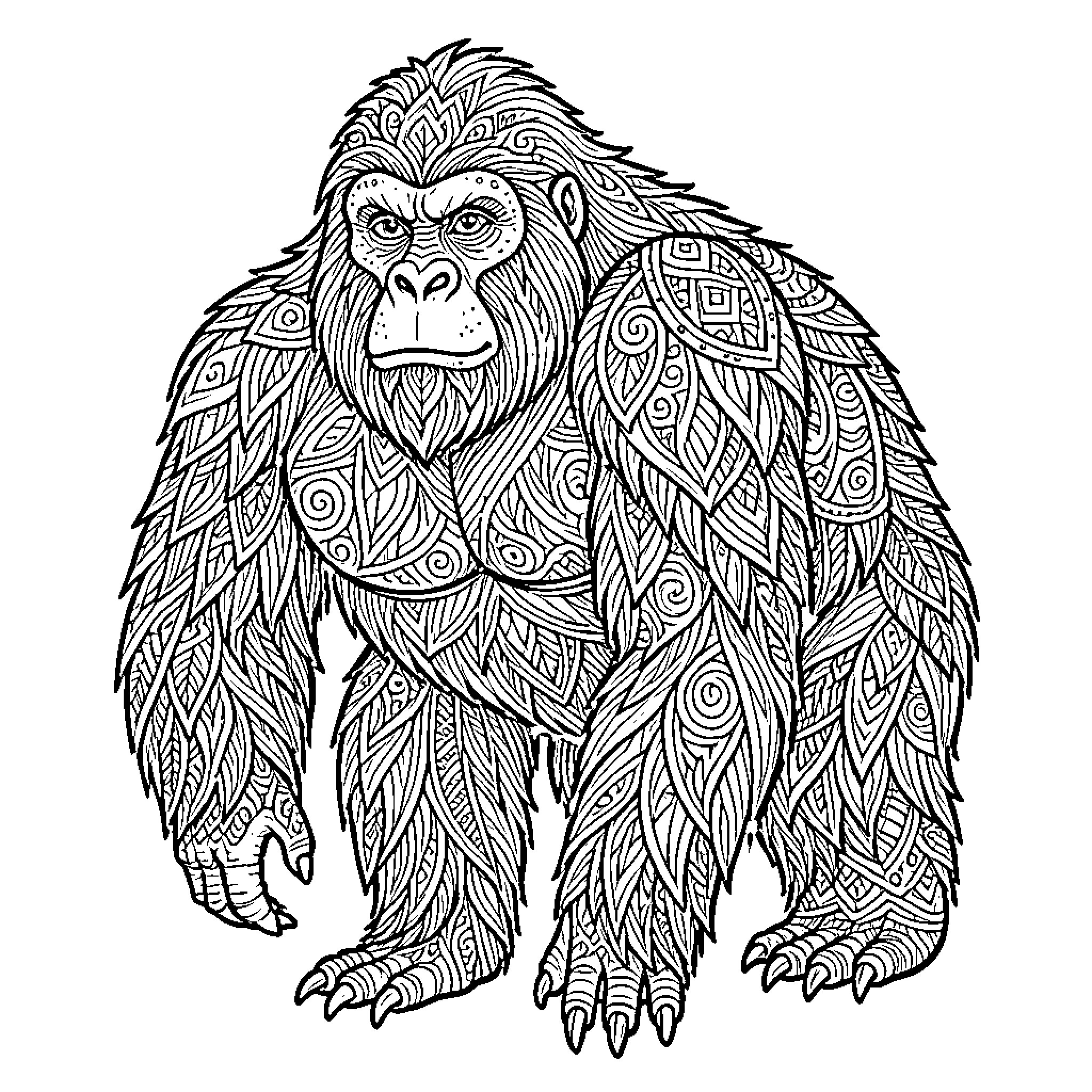 Sasquatch in pensive contemplation Coloring Page (free black-and-white line drawing printable PDF for all, from beginners to advanced learners, including children, teens, adults, and seniors)