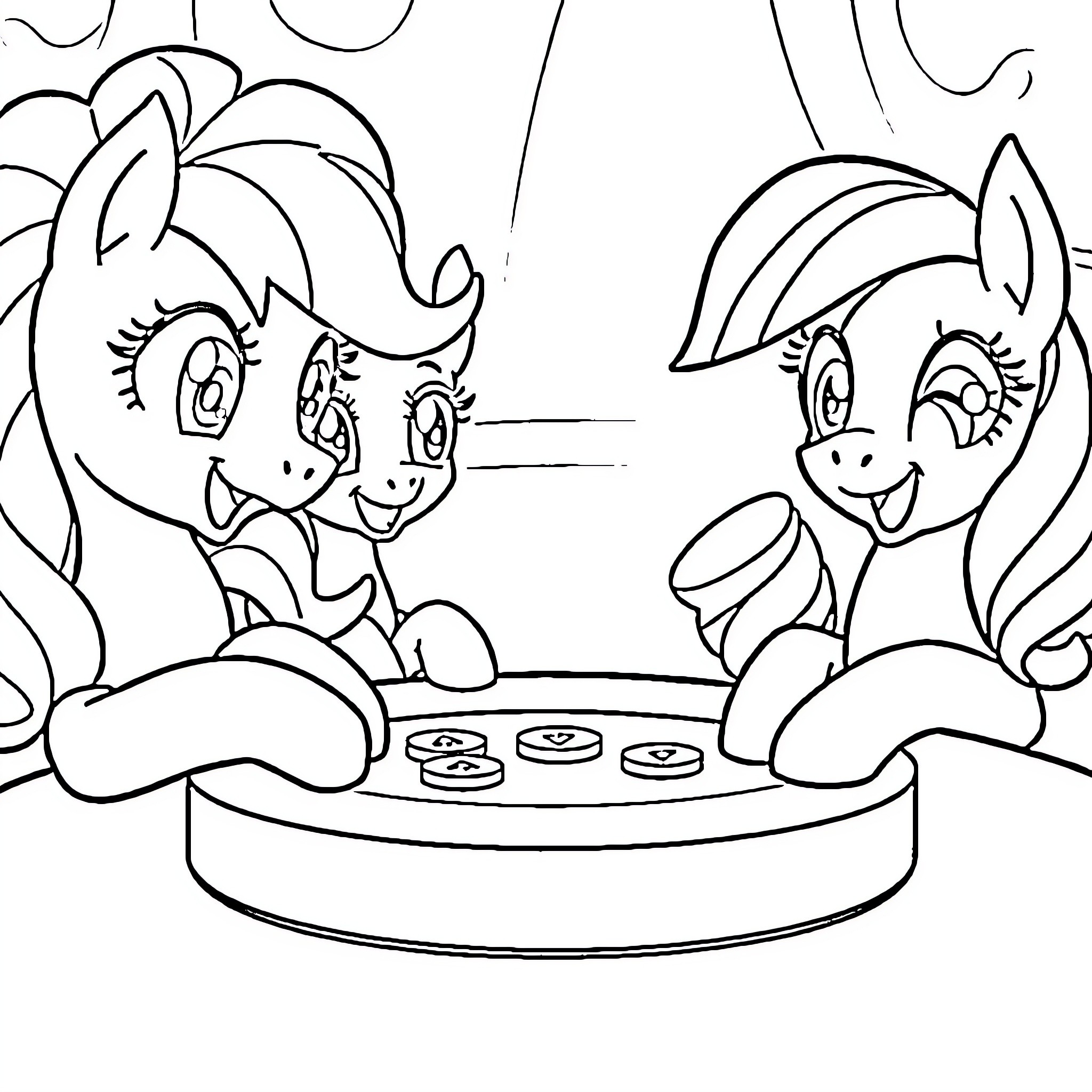Ponies enjoying a playful game together Coloring Page (free black-and-white line drawing printable PDF for all, from beginners to advanced learners, including children, teens, adults, and seniors)