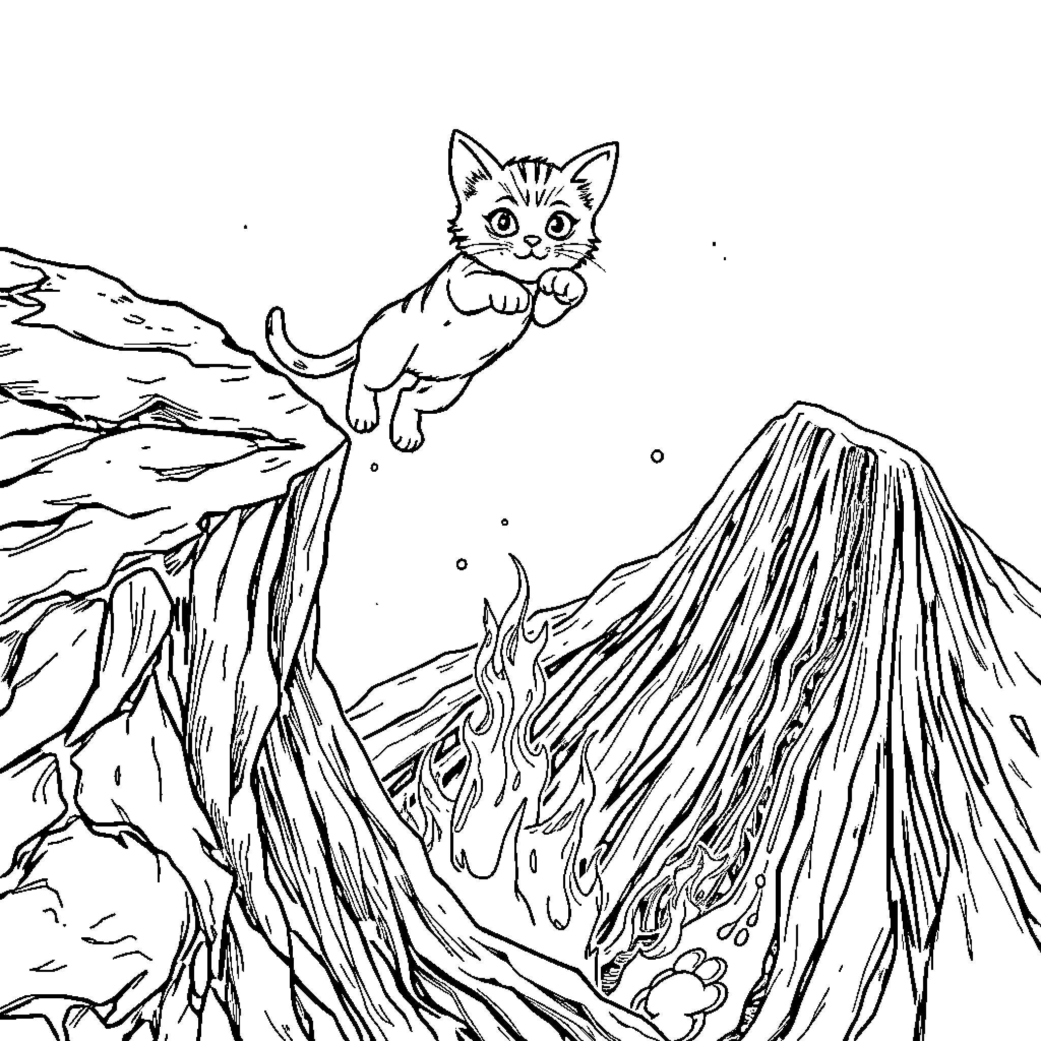 Cat exploring a fantastical landscape Coloring Page (free black-and-white line drawing printable PDF for all, from beginners to advanced learners, including children, teens, adults, and seniors)
