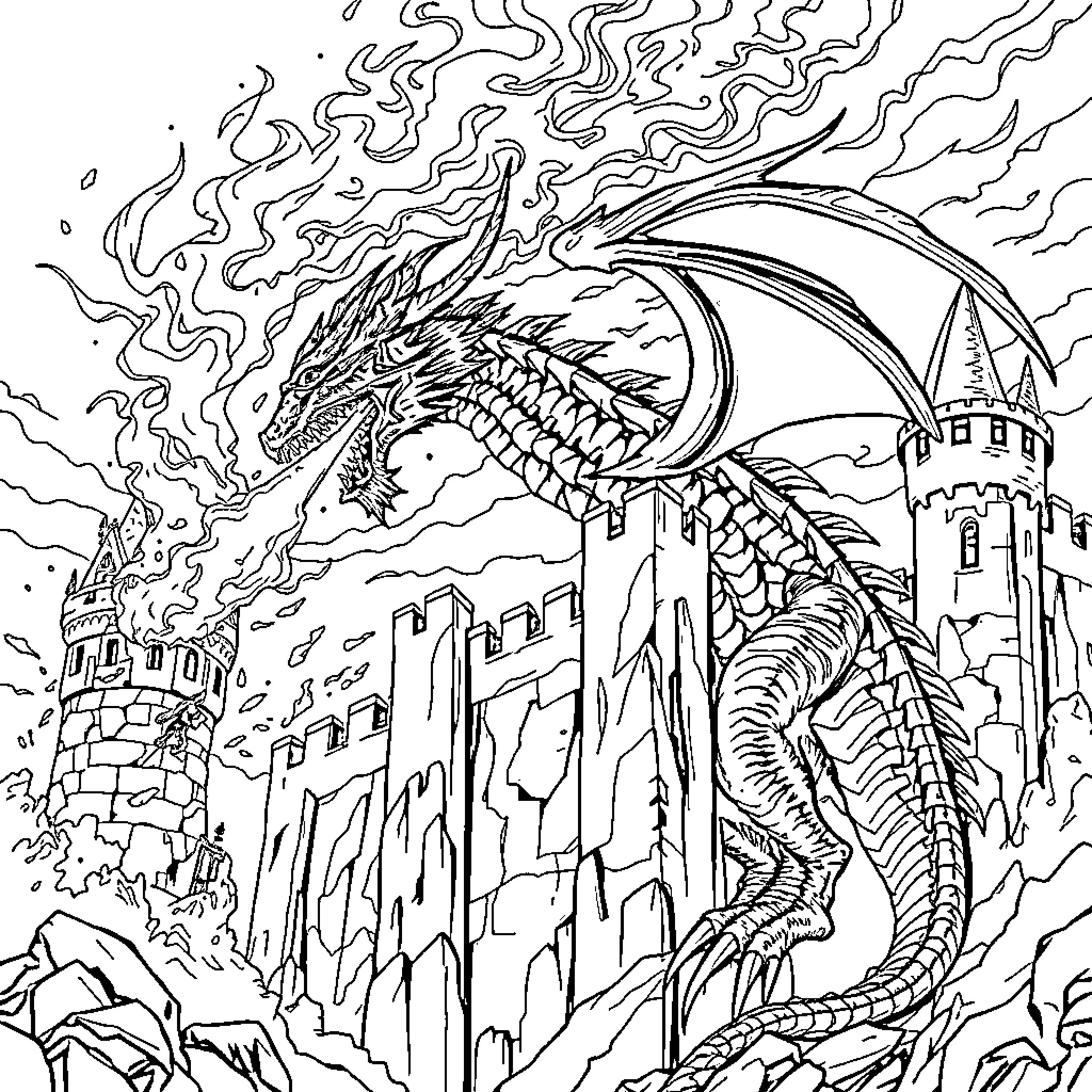 Dragon soaring over a majestic castle in the clouds Coloring Page (free black-and-white line drawing printable PDF for all, from beginners to advanced learners, including children, teens, adults, and seniors)