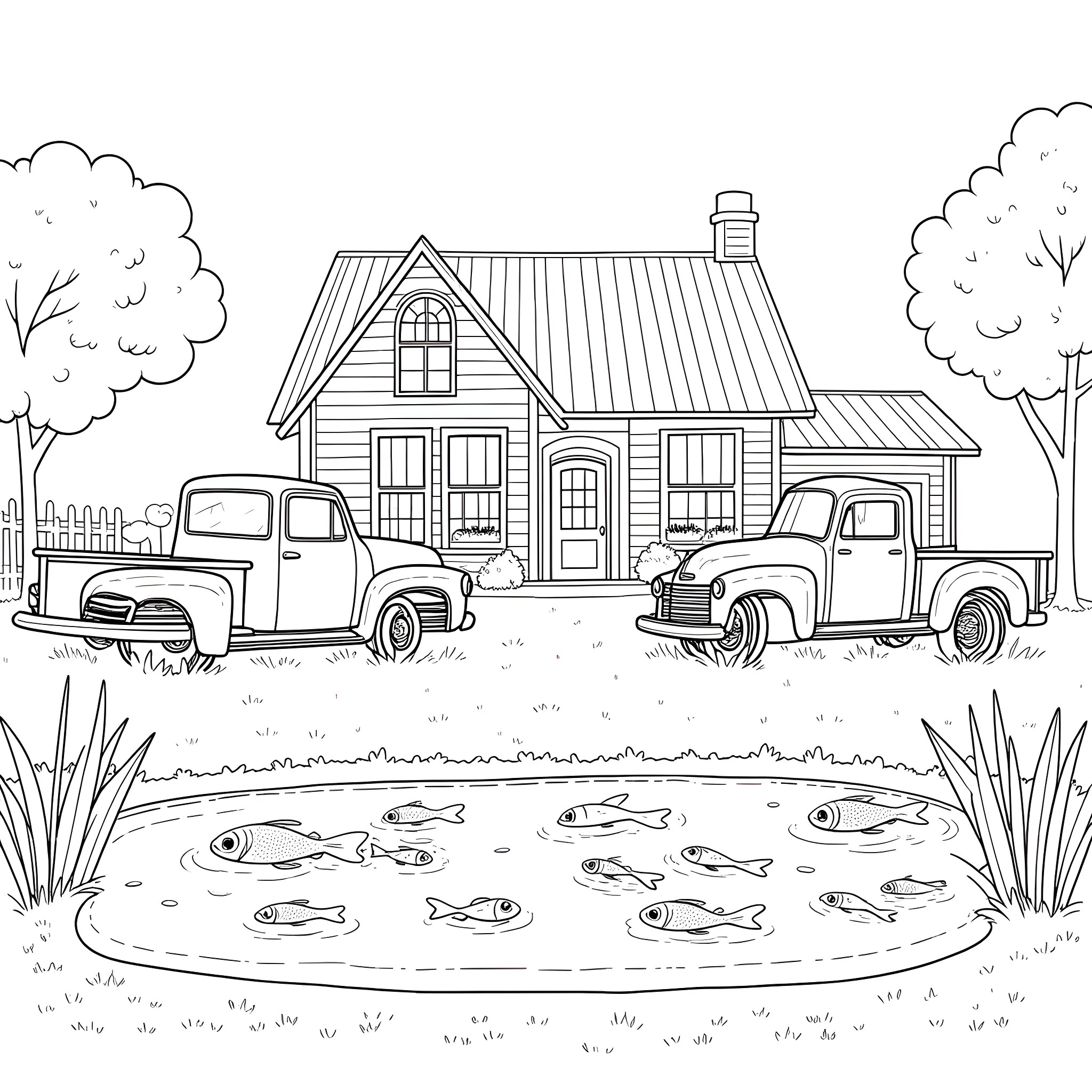 Farmhouse with vintage trucks and pond Coloring Page (free black-and-white line drawing printable PDF for all, from beginners to advanced learners, including children, teens, adults, and seniors)