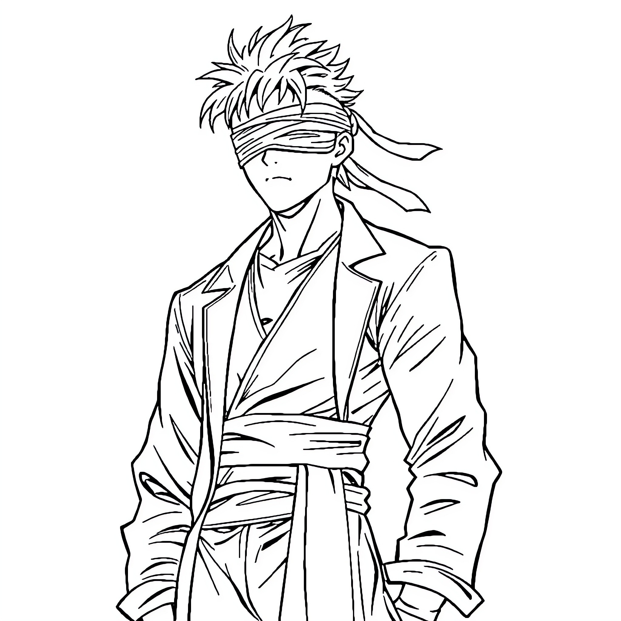 Gojo in formal attire with blindfold Coloring Page (free black-and-white line drawing printable PDF for all, from beginners to advanced learners, including children, teens, adults, and seniors)