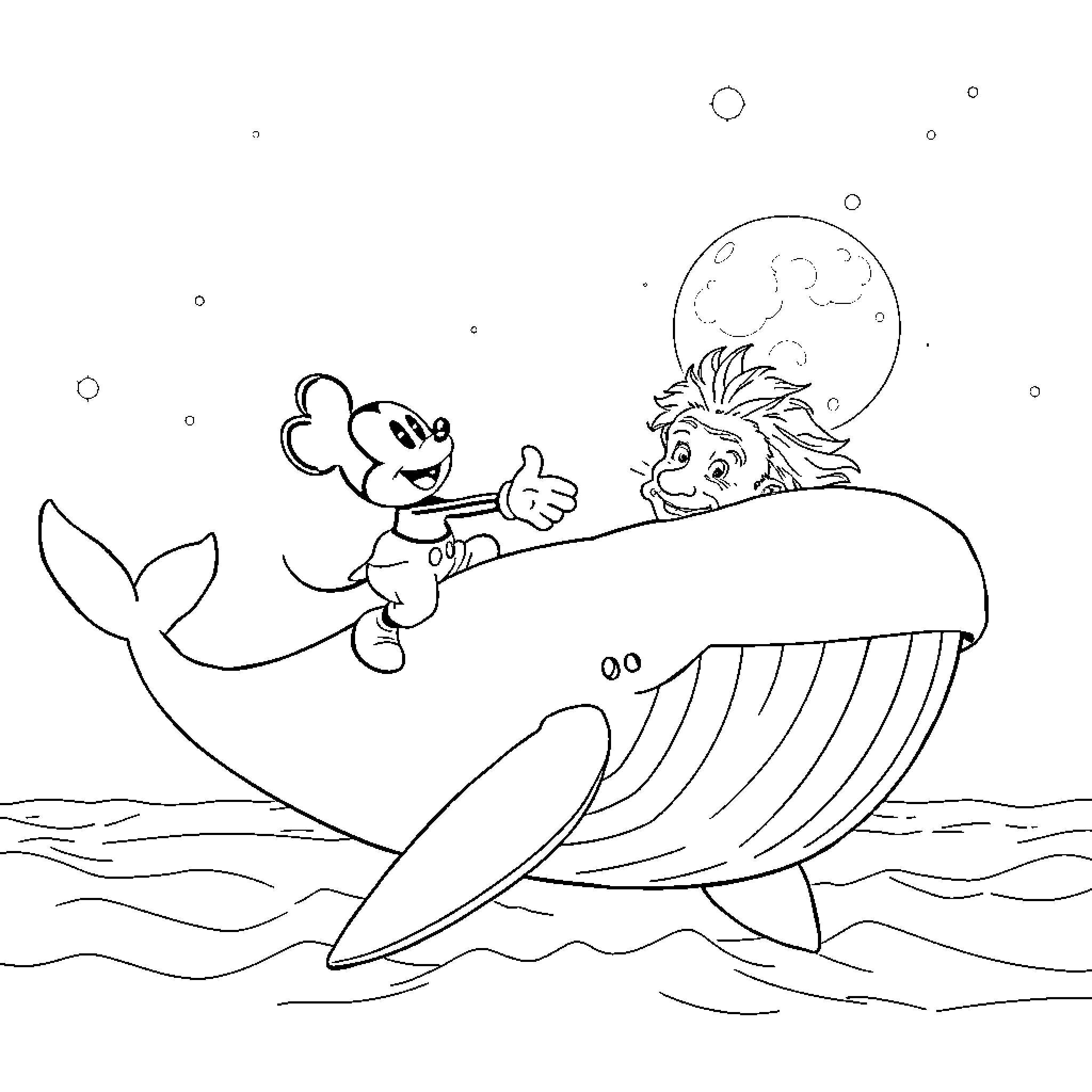 Mickey Mouse Riding a Whale Under the Moonlight Coloring Page (free black-and-white line drawing printable PDF for all, from beginners to advanced learners, including children, teens, adults, and seniors)