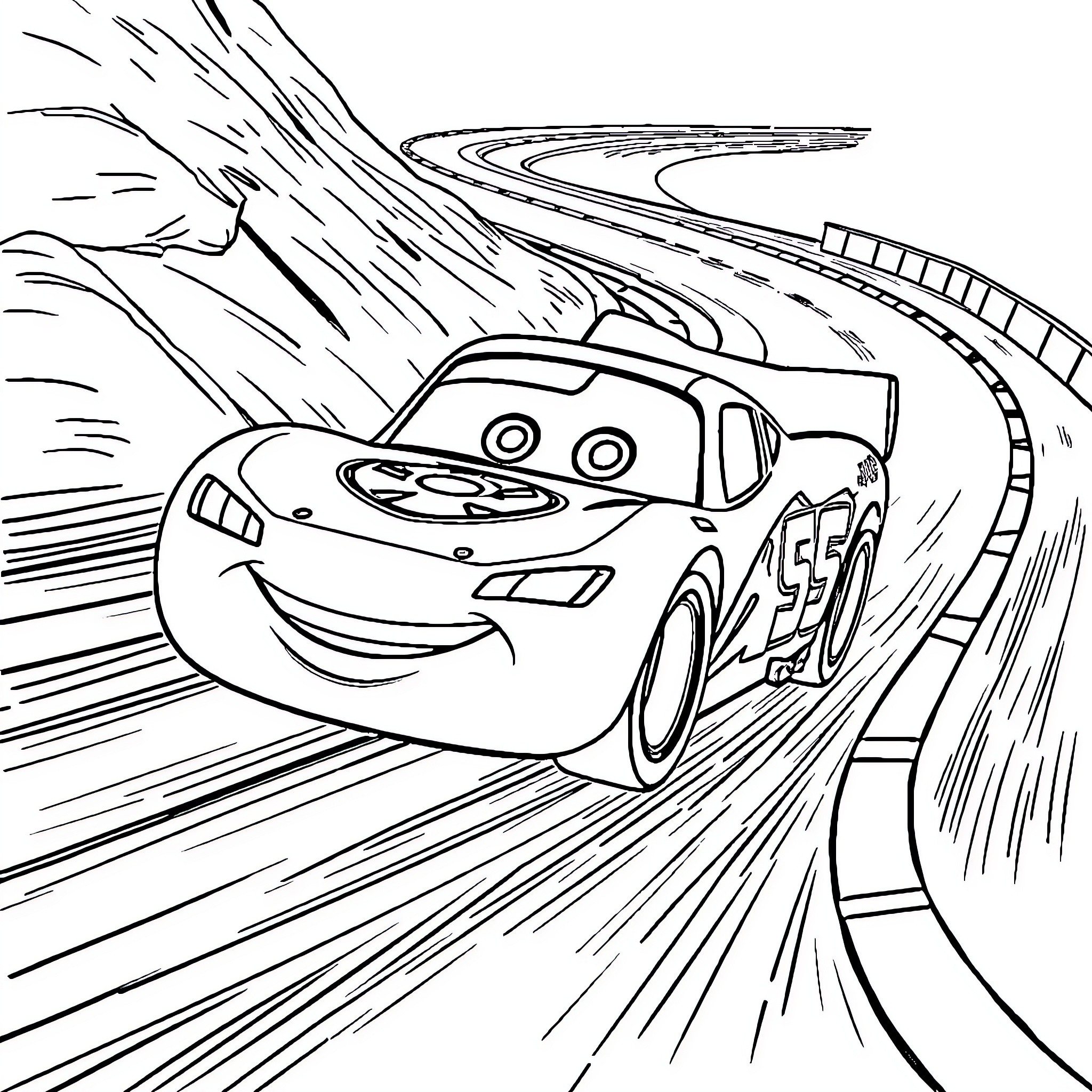 McQueen racing on the track at high speed Coloring Page (free black-and-white line drawing printable PDF for all, from beginners to advanced learners, including children, teens, adults, and seniors)