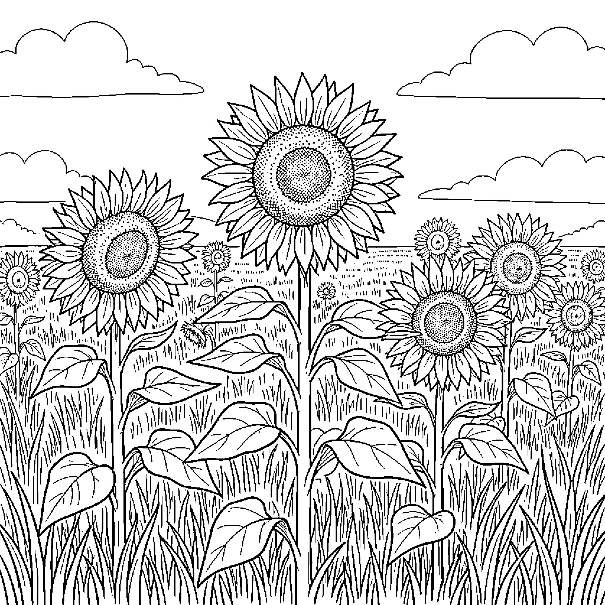 Sunflower field in full bloom Coloring Page (free black-and-white line drawing printable PDF for all, from beginners to advanced learners, including children, teens, adults, and seniors)