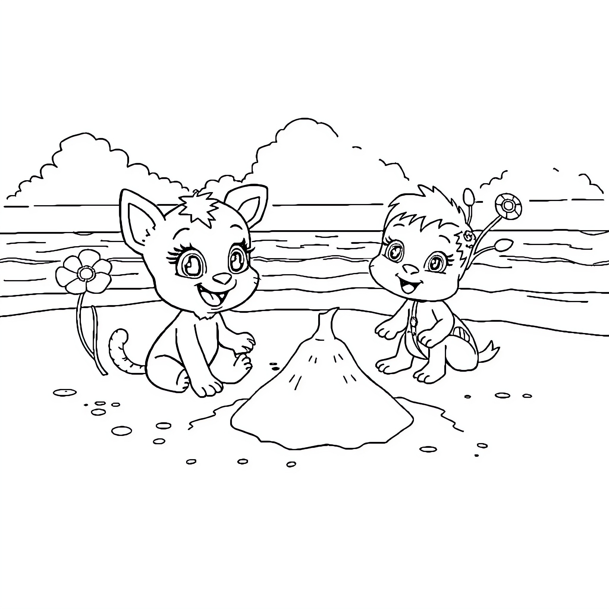 Bluey playing with friends at the beach Coloring Page (free black-and-white line drawing printable PDF for all, from beginners to advanced learners, including children, teens, adults, and seniors)