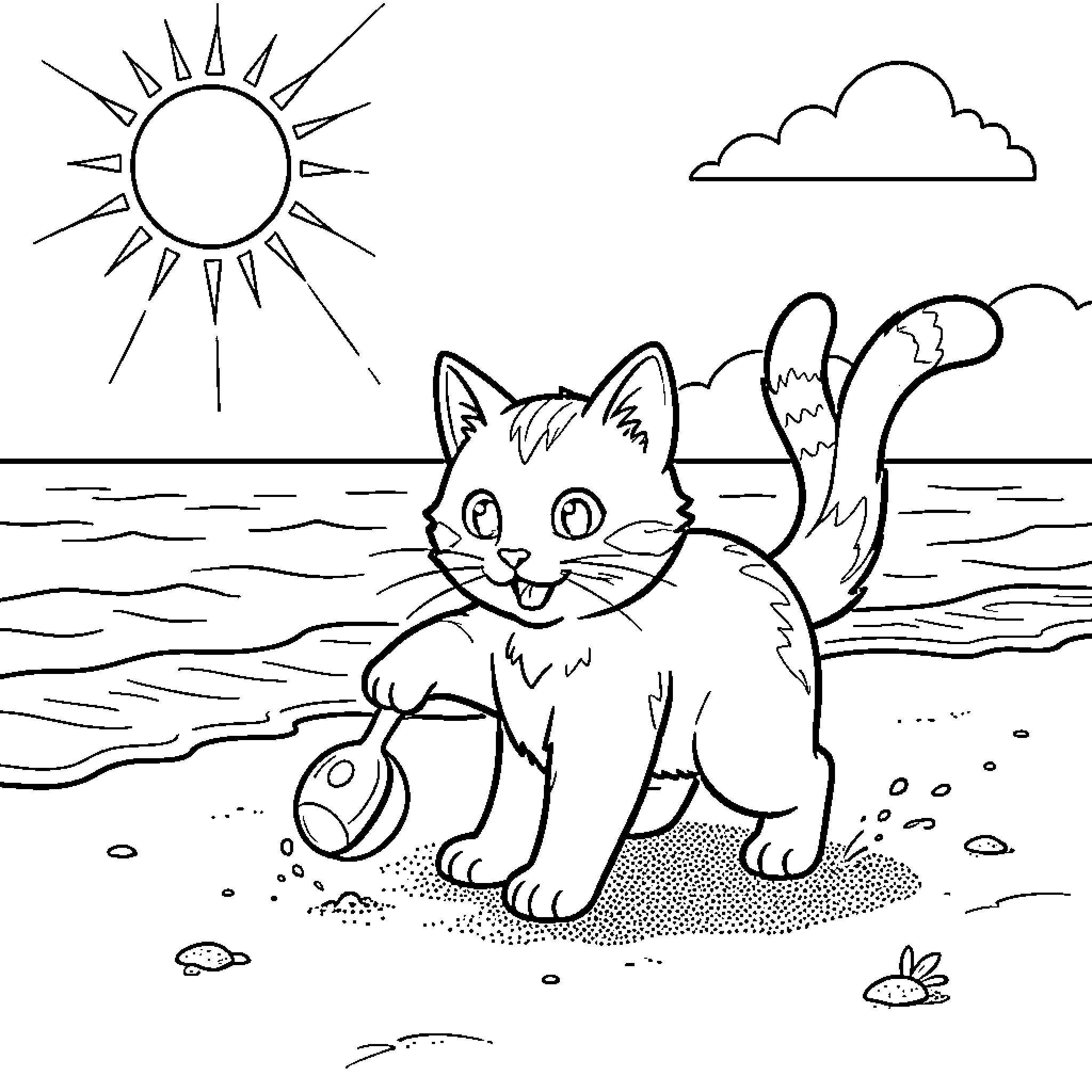 Cat enjoying the beach on a sunny day Coloring Page (free black-and-white line drawing printable PDF for all, from beginners to advanced learners, including children, teens, adults, and seniors)