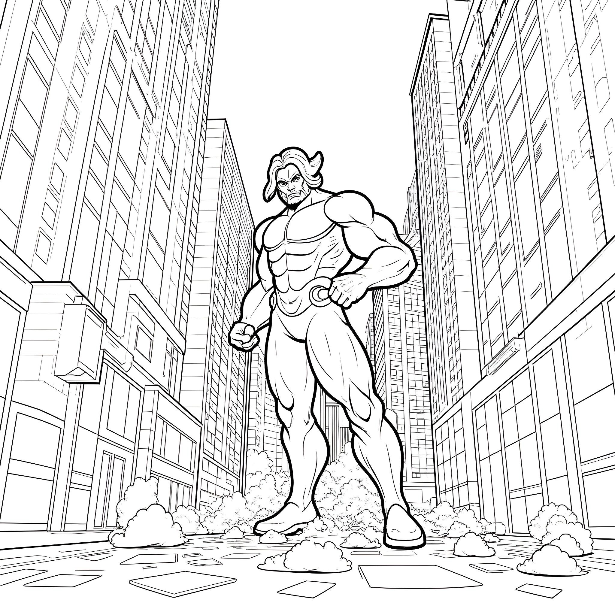 Terrax, the Mighty Destroyer, Ravages the City Coloring Page (free black-and-white line drawing printable PDF for all, from beginners to advanced learners, including children, teens, adults, and seniors)