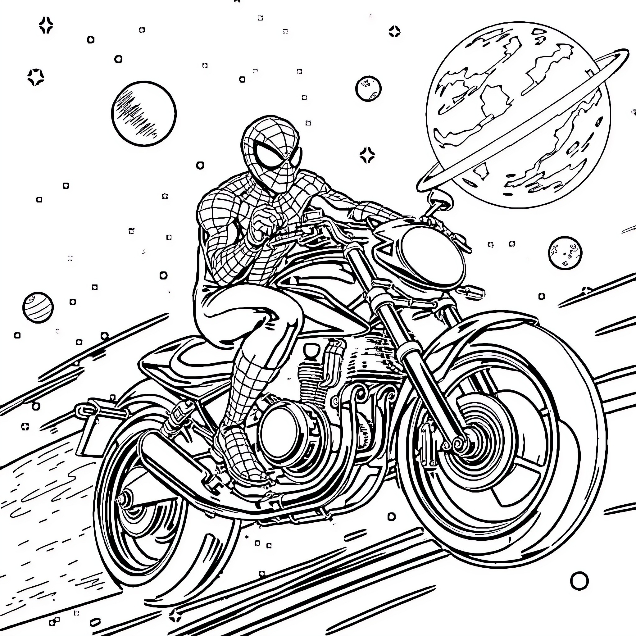 Spiderman riding a futuristic motorcycle in space Coloring Page (free black-and-white line drawing printable PDF for all, from beginners to advanced learners, including children, teens, adults, and seniors)