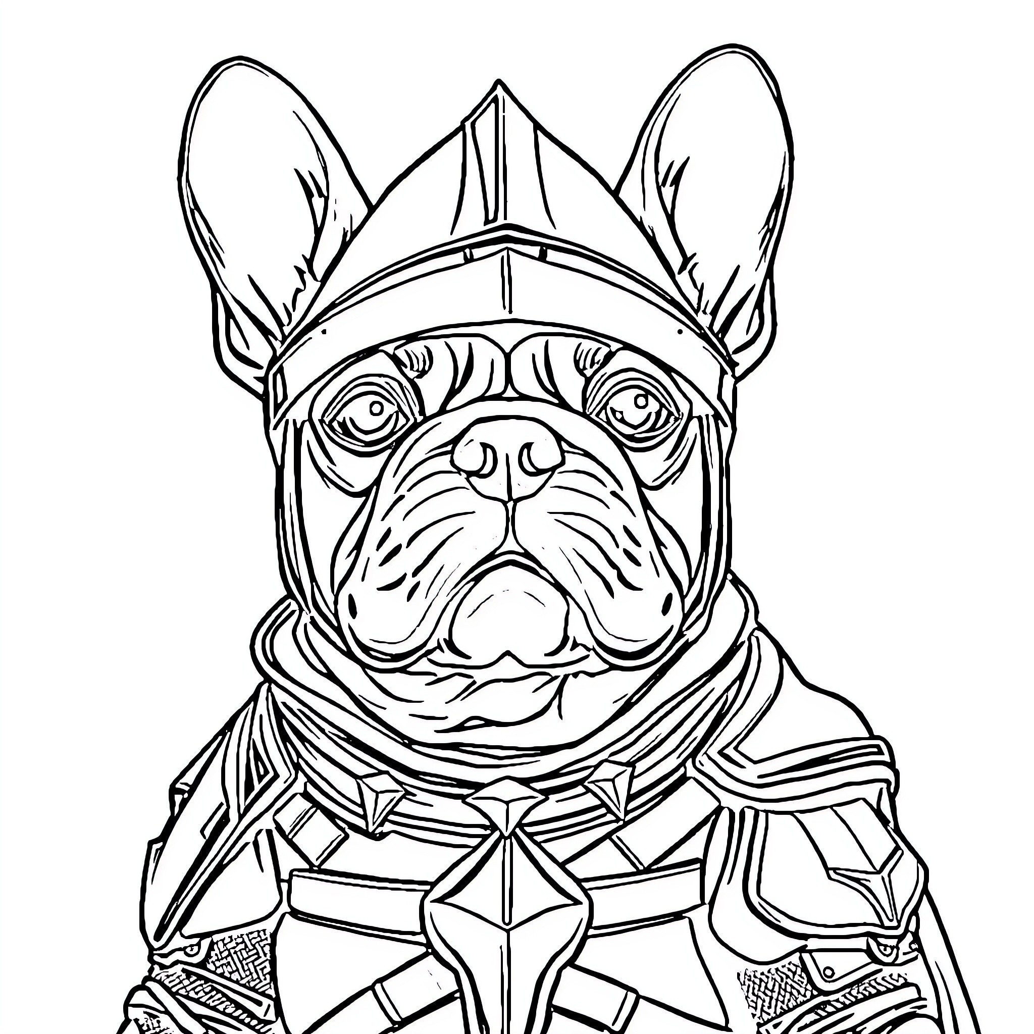 French Bulldog Wearing Warrior Helmet and Armor Coloring Page (free black-and-white line drawing printable PDF for all, from beginners to advanced learners, including children, teens, adults, and seniors)
