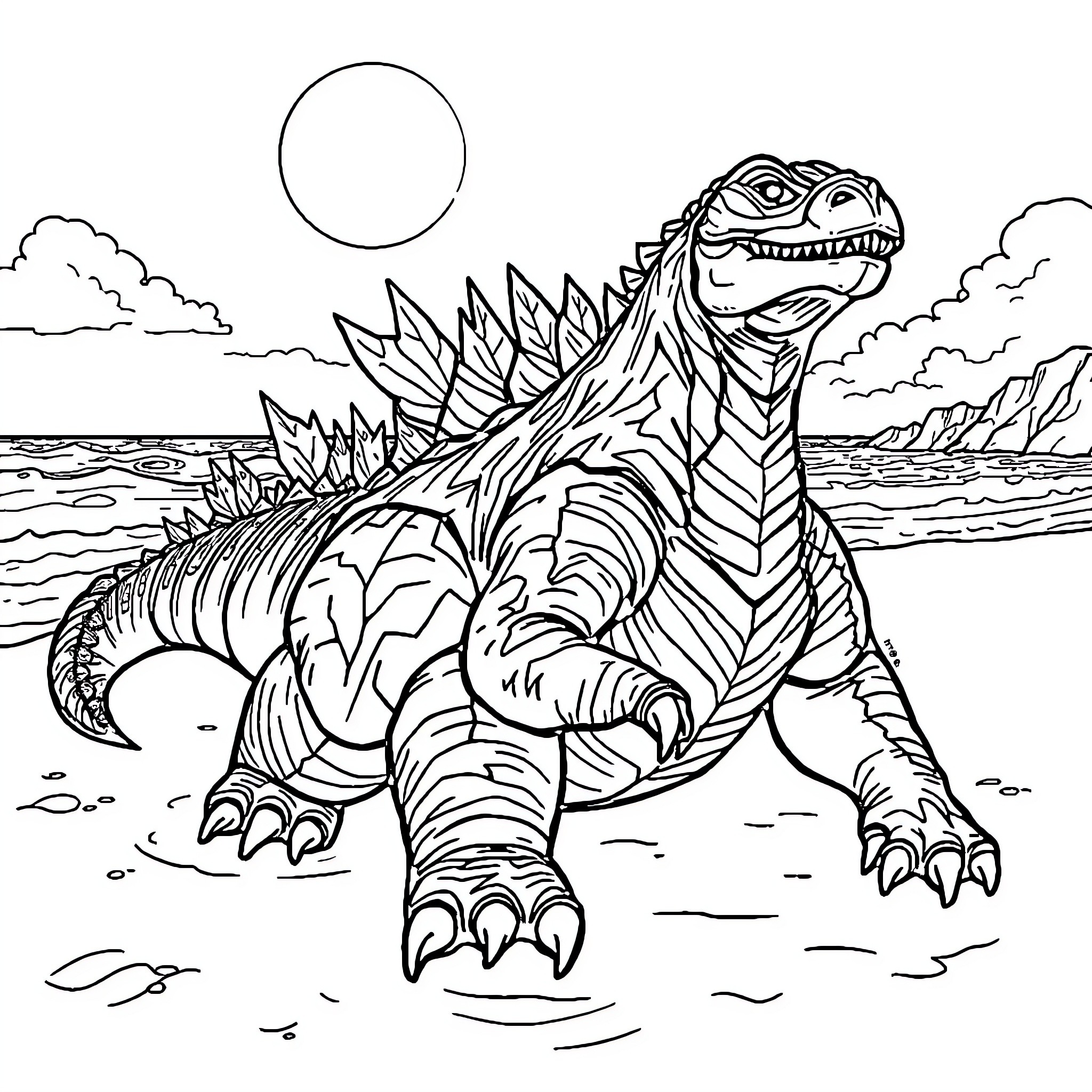 Godzilla-inspired monster stomping through the ocean Coloring Page (free black-and-white line drawing printable PDF for all, from beginners to advanced learners, including children, teens, adults, and seniors)