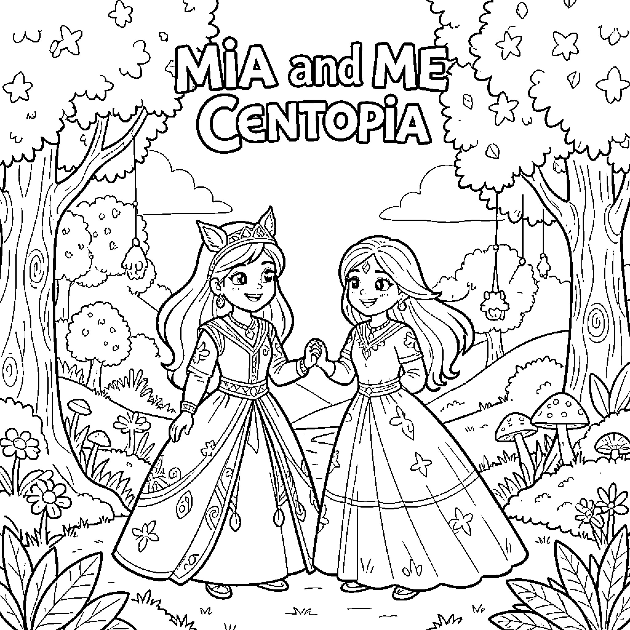 Mia and friend holding hands in a forest Coloring Page (free black-and-white line drawing printable PDF for all, from beginners to advanced learners, including children, teens, adults, and seniors)