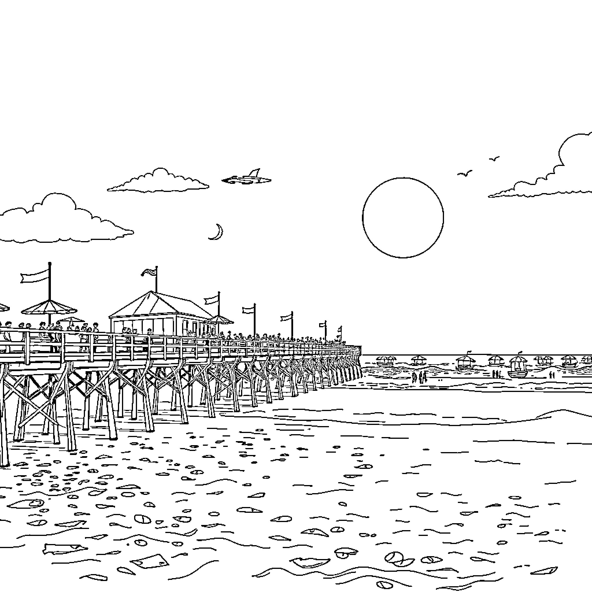 Beach with Pier and Pavilions Coloring Page (free black-and-white line drawing printable PDF for all, from beginners to advanced learners, including children, teens, adults, and seniors)