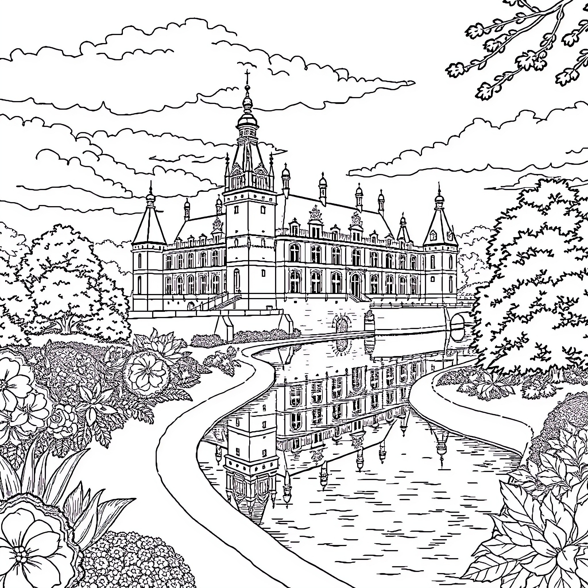 Château in an Enchanting Garden Coloring Page (free black-and-white line drawing printable PDF for all, from beginners to advanced learners, including children, teens, adults, and seniors)