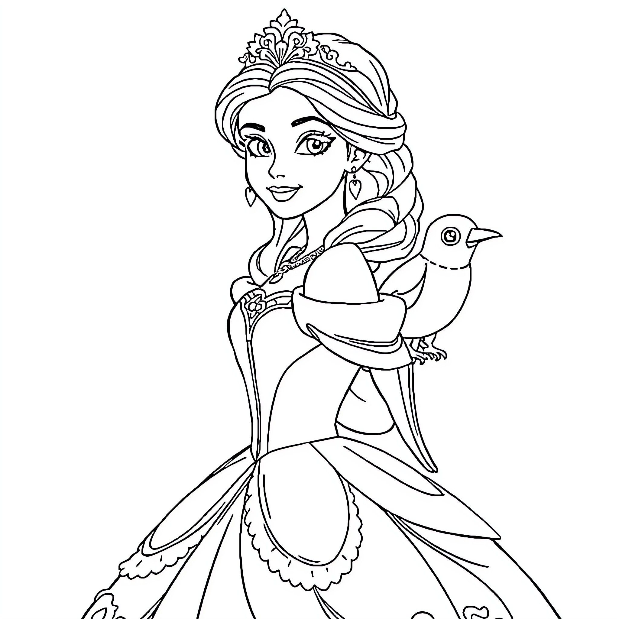 Princess in Elegant Dress with Pet Bird Coloring Page (free black-and-white line drawing printable PDF for all, from beginners to advanced learners, including children, teens, adults, and seniors)