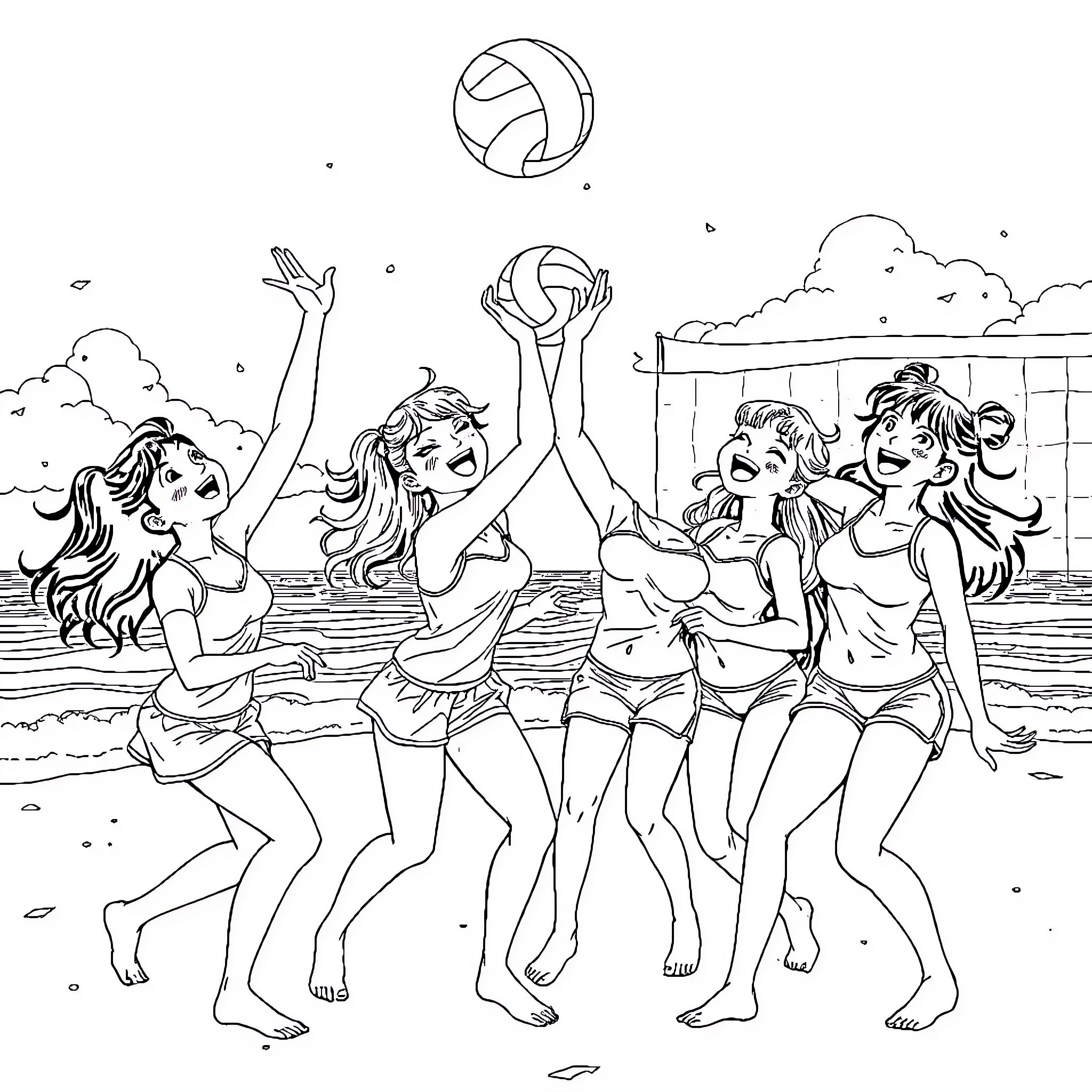 Nezuko and friends playing volleyball at the beach Coloring Page (free black-and-white line drawing printable PDF for all, from beginners to advanced learners, including children, teens, adults, and seniors)