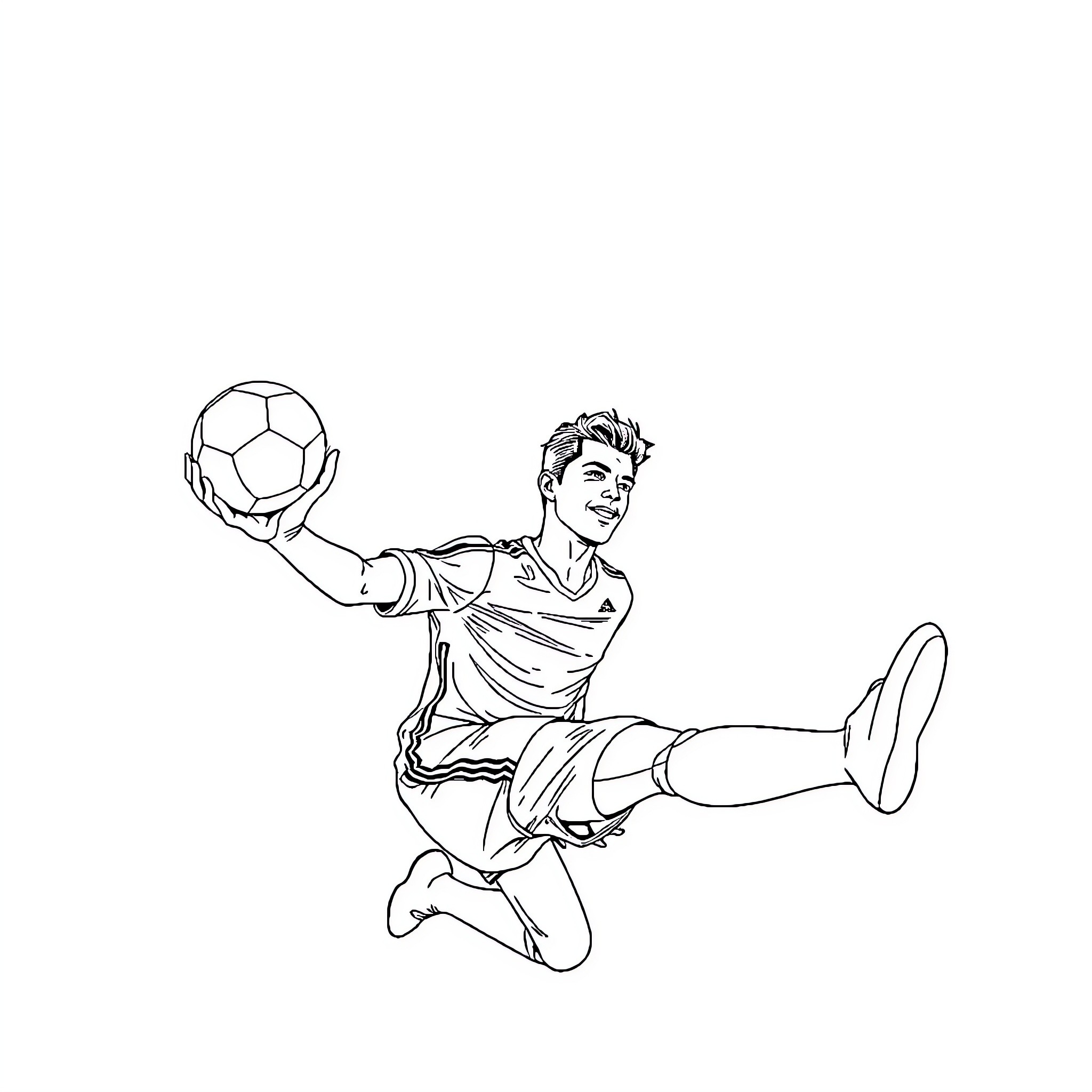 Ronaldo performing soccer acrobatics Coloring Page (free black-and-white line drawing printable PDF for all, from beginners to advanced learners, including children, teens, adults, and seniors)