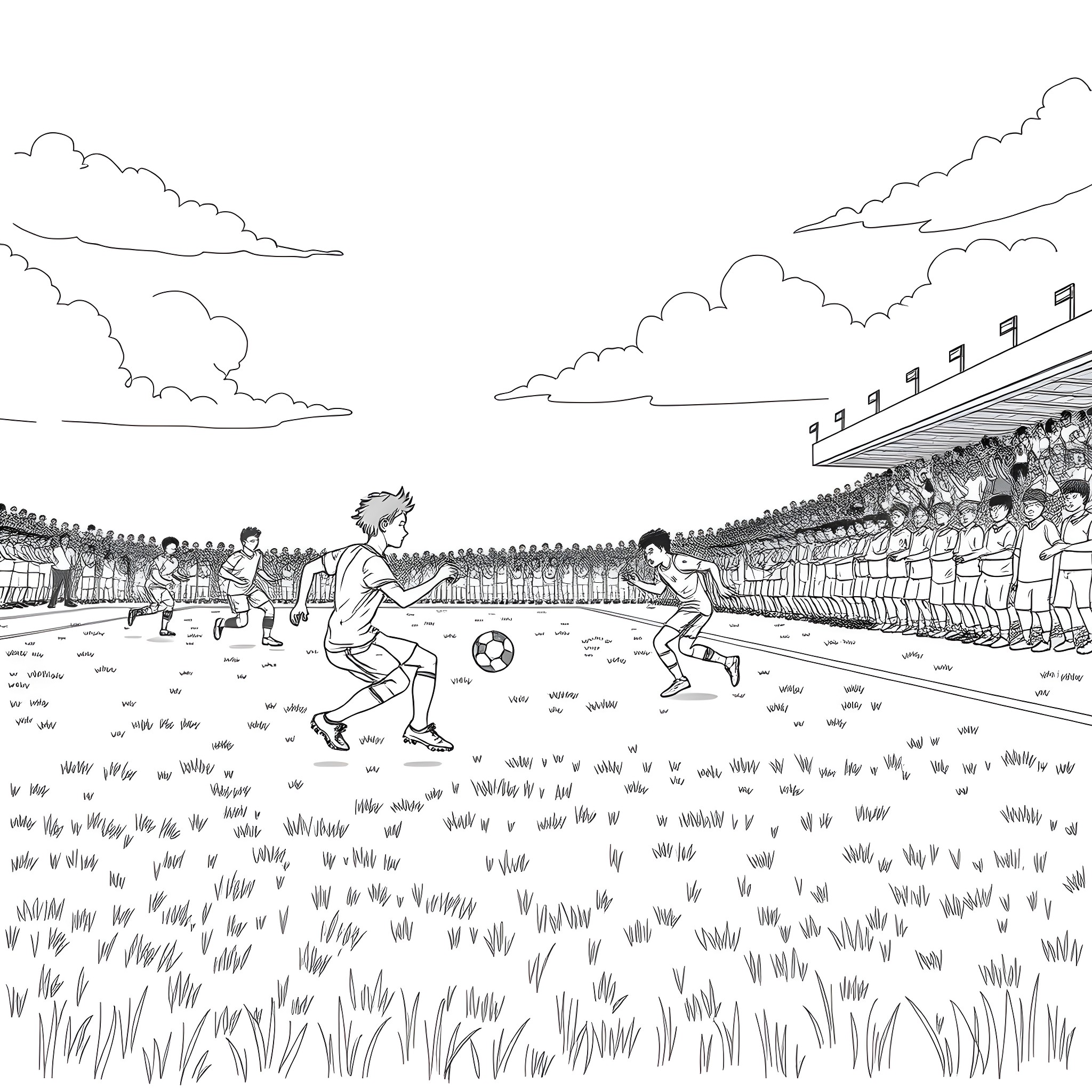 Soccer game with players on the field Coloring Page (free black-and-white line drawing printable PDF for all, from beginners to advanced learners, including children, teens, adults, and seniors)