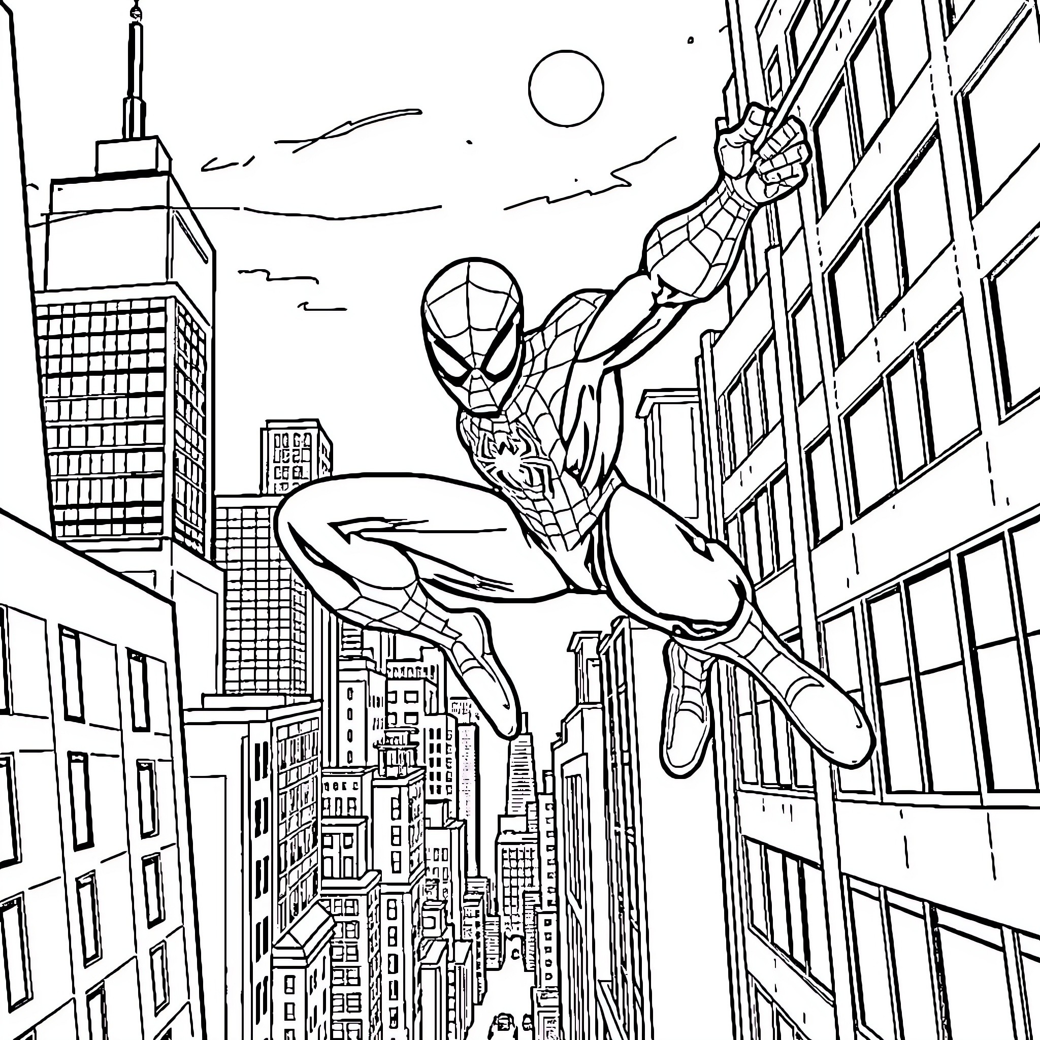 Spederman swinging through the city skyline Coloring Page (free black-and-white line drawing printable PDF for all, from beginners to advanced learners, including children, teens, adults, and seniors)