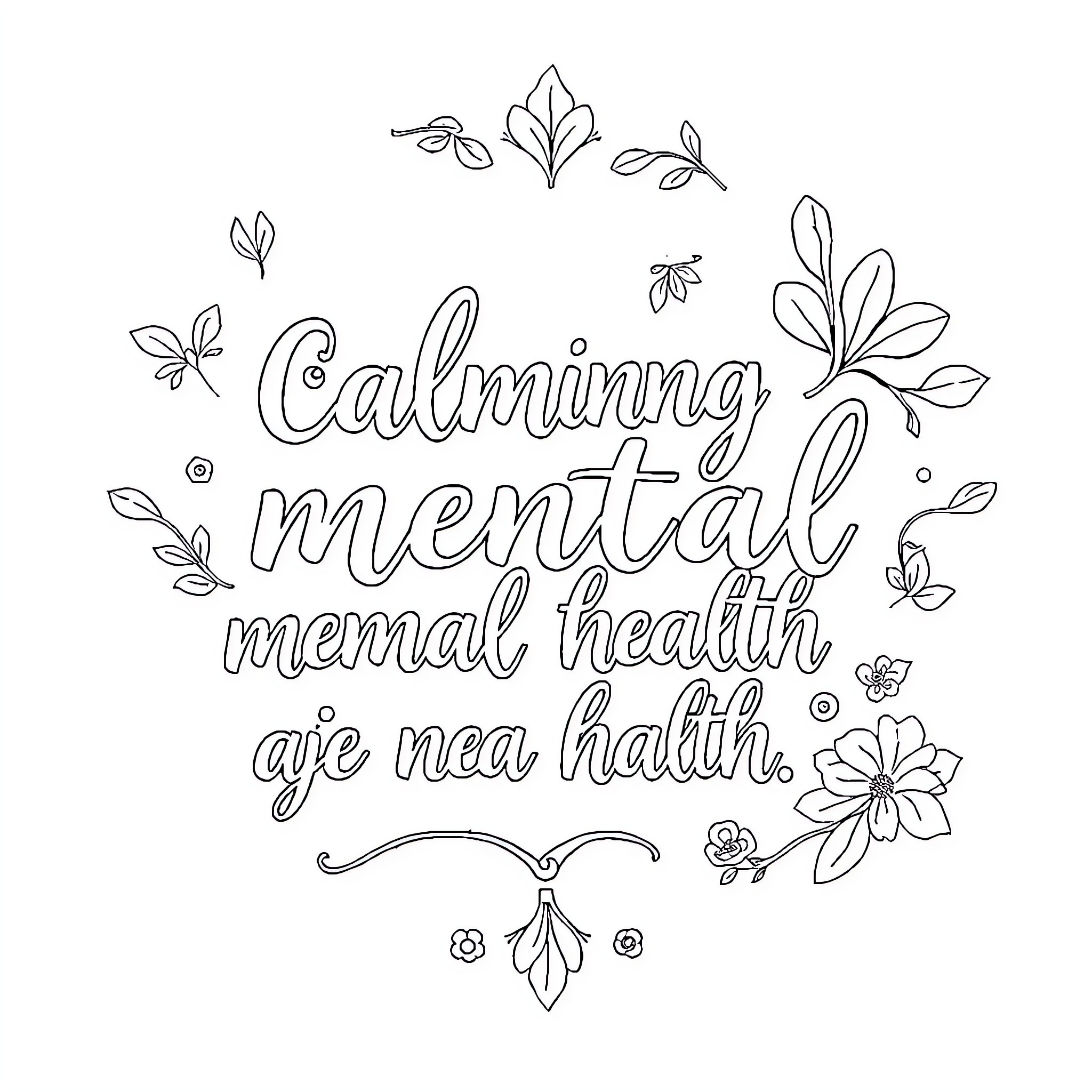 Mental Health Quote with Floral Decorations Coloring Page (free black-and-white line drawing printable PDF for all, from beginners to advanced learners, including children, teens, adults, and seniors)