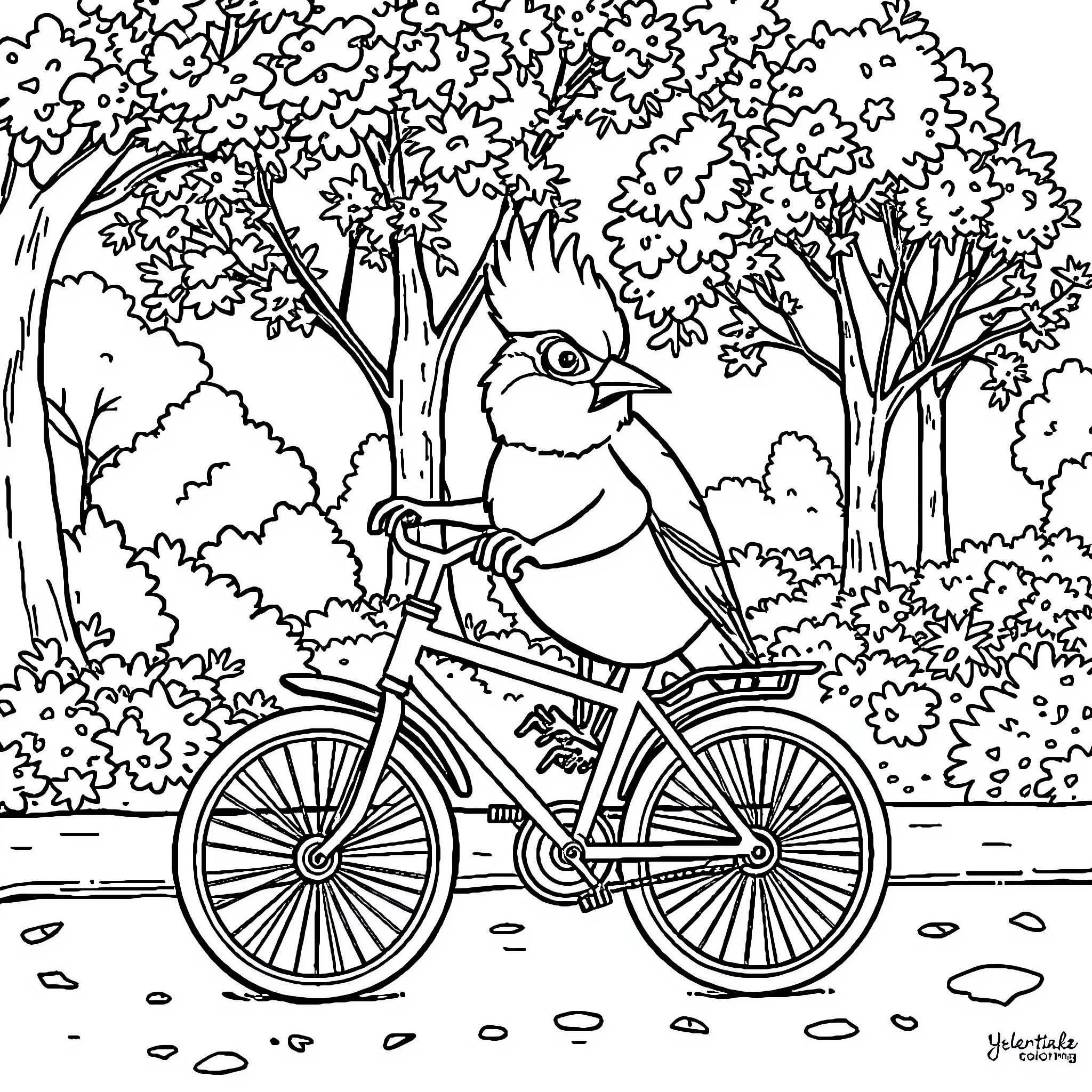 Squirrel riding a bicycle through the forest Coloring Page (free black-and-white line drawing printable PDF for all, from beginners to advanced learners, including children, teens, adults, and seniors)