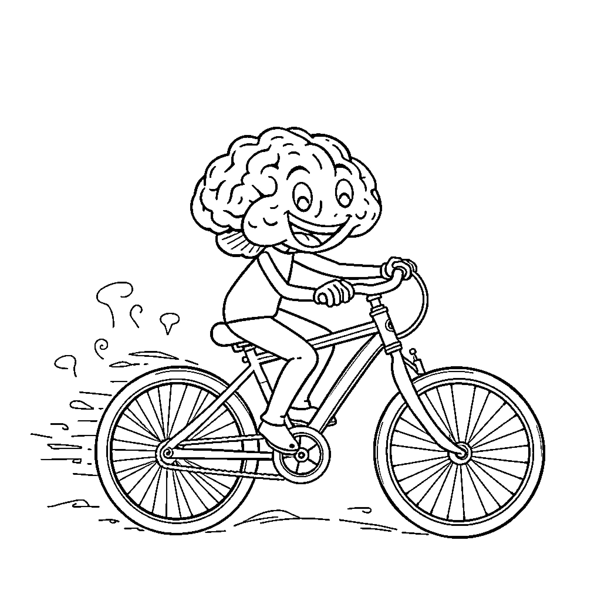 Brain riding a bicycle with excitement Coloring Page (free black-and-white line drawing printable PDF for all, from beginners to advanced learners, including children, teens, adults, and seniors)