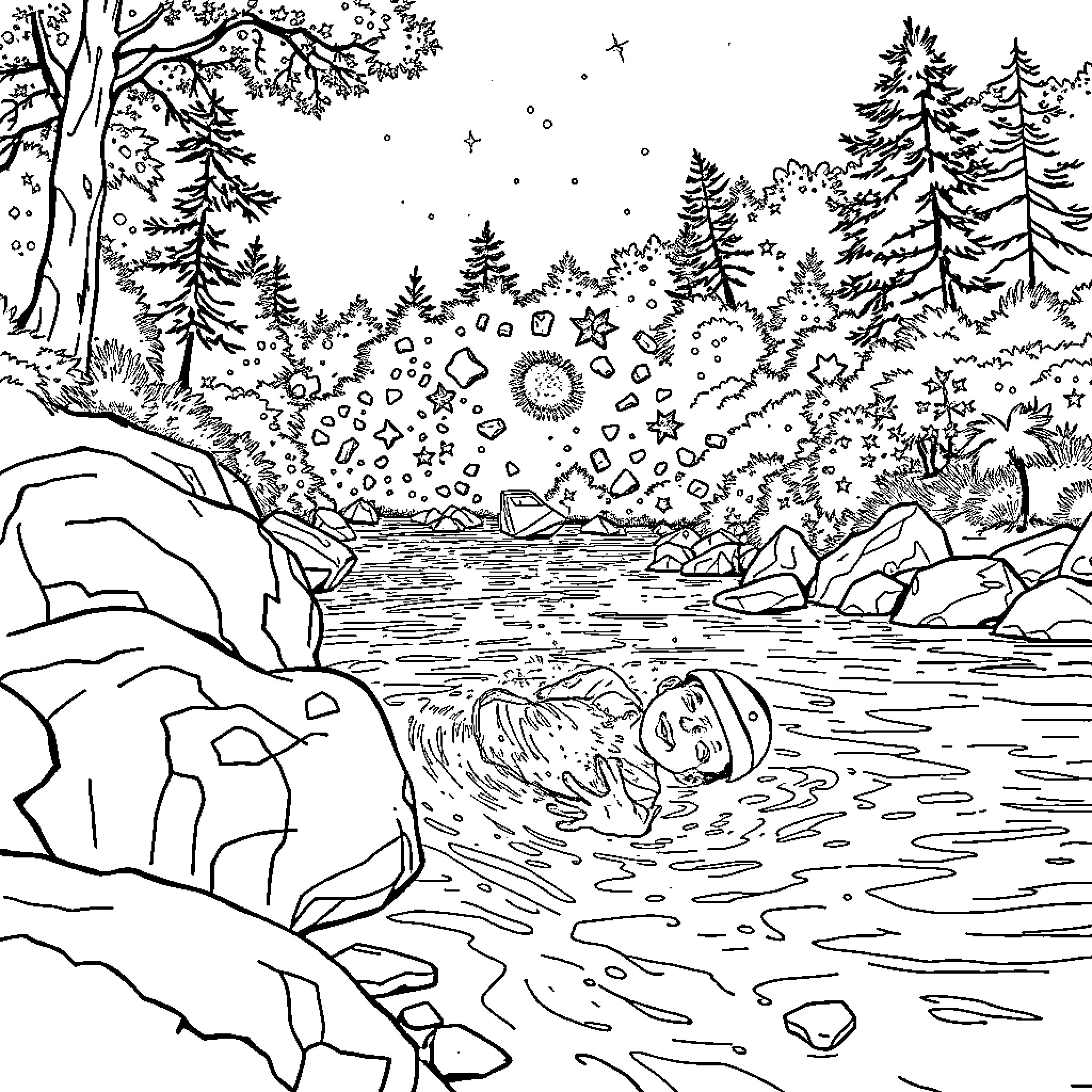 Boy swimming in a serene forest lake Coloring Page (free black-and-white line drawing printable PDF for all, from beginners to advanced learners, including children, teens, adults, and seniors)
