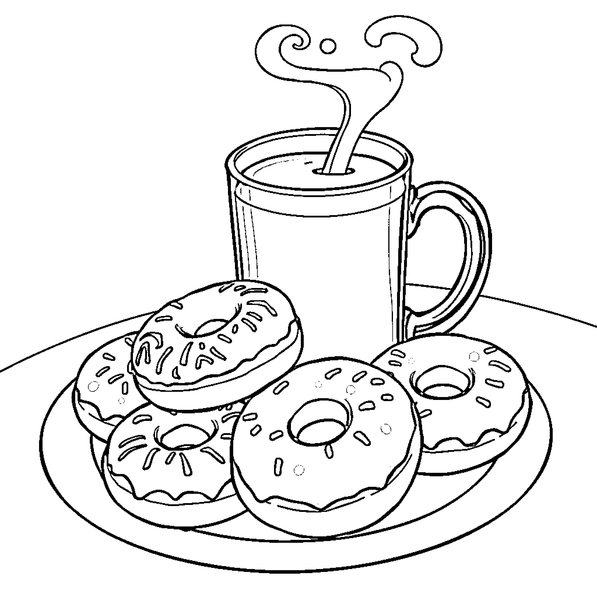 Donut treats with a warm beverage Coloring Page (free black-and-white line drawing printable PDF for all, from beginners to advanced learners, including children, teens, adults, and seniors)