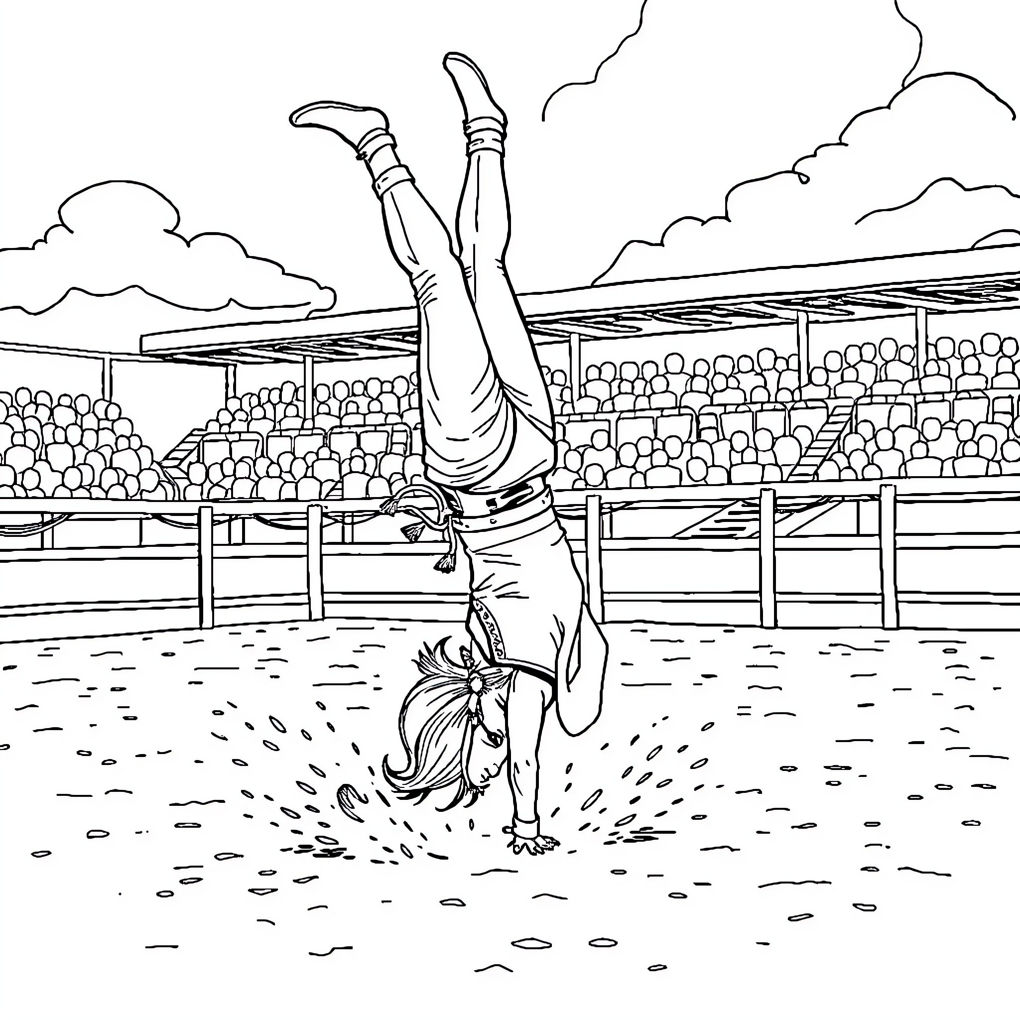 Cowgirl performing acrobatic stunt in stadium Coloring Page (free black-and-white line drawing printable PDF for all, from beginners to advanced learners, including children, teens, adults, and seniors)