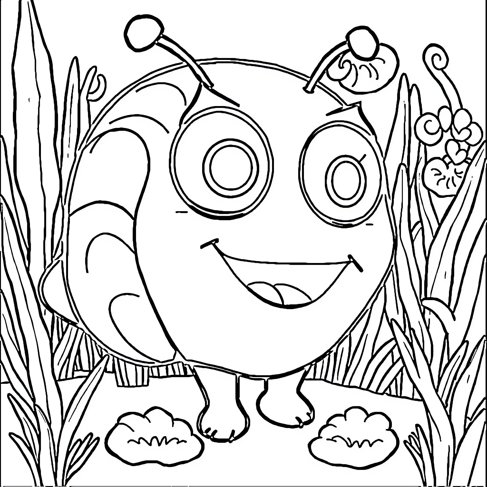 Gary's Friendly Creature in the Whimsical Garden Coloring Page (free black-and-white line drawing printable PDF for all, from beginners to advanced learners, including children, teens, adults, and seniors)