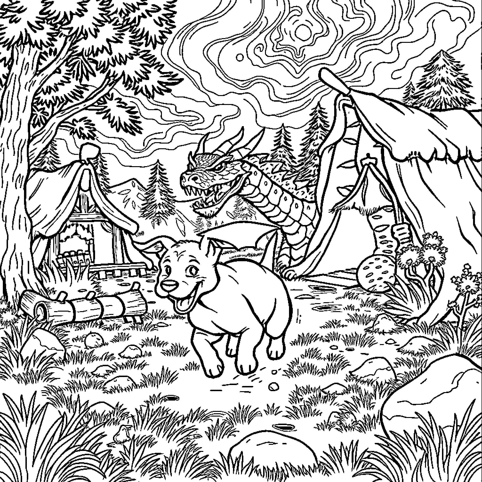 Dog playing in magical forest landscape Coloring Page (free black-and-white line drawing printable PDF for all, from beginners to advanced learners, including children, teens, adults, and seniors)