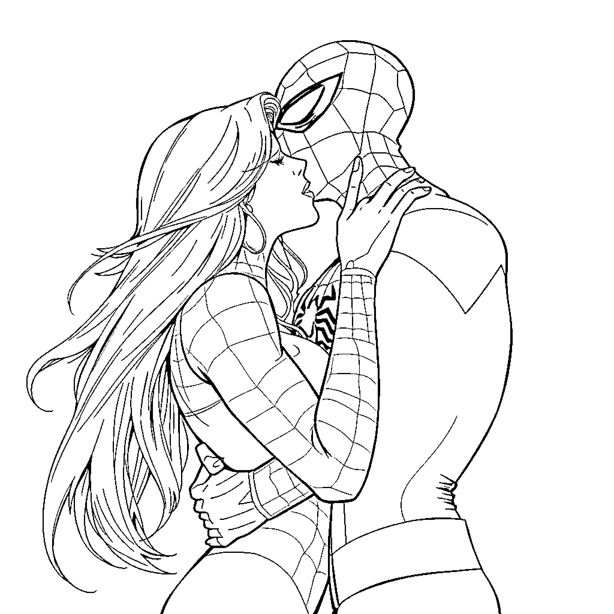 Barbi and Spider-Superhero in a Romantic Embrace Coloring Page (free black-and-white line drawing printable PDF for all, from beginners to advanced learners, including children, teens, adults, and seniors)