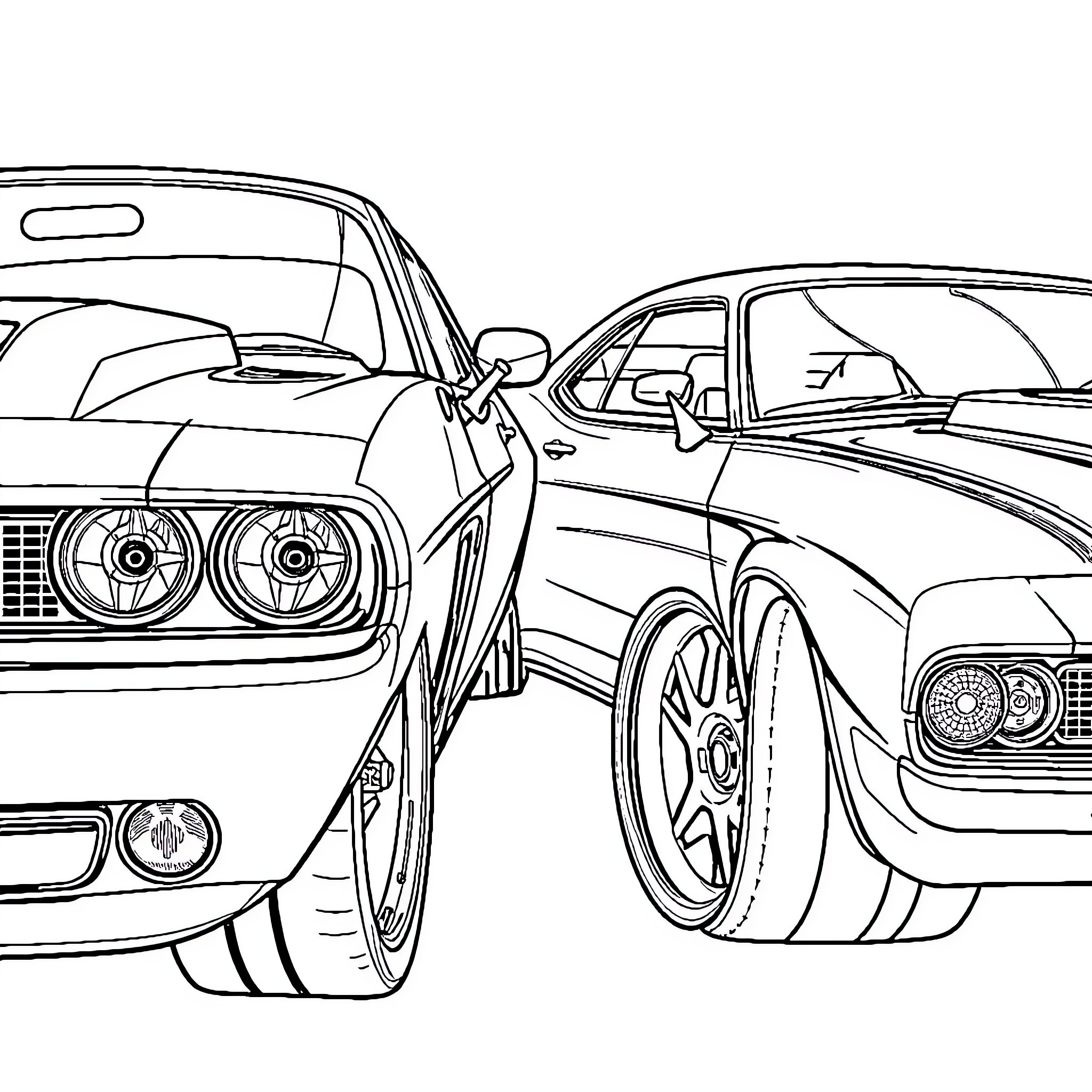 Muscle Cars Racing on the Street Coloring Page (free black-and-white line drawing printable PDF for all, from beginners to advanced learners, including children, teens, adults, and seniors)