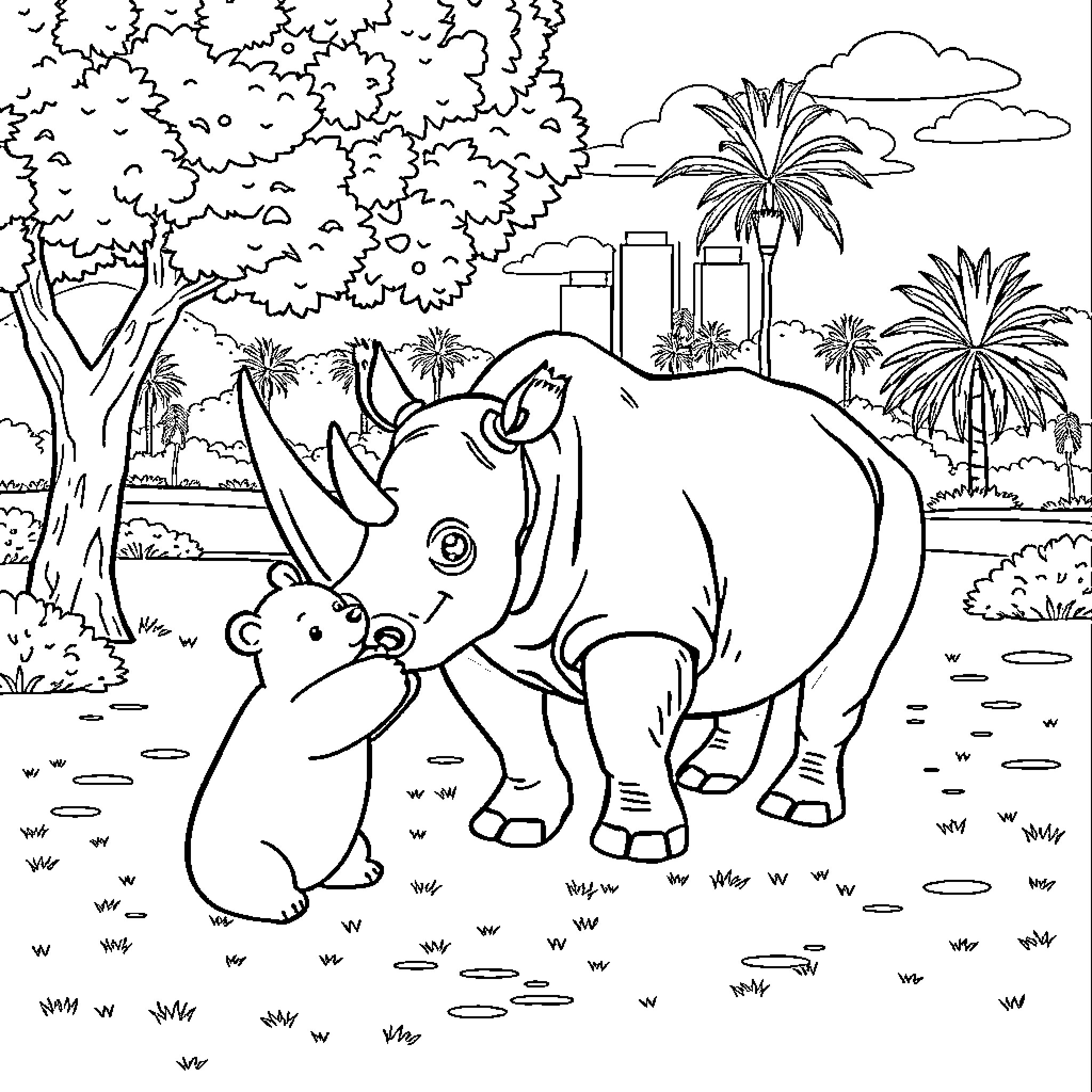 Rhinoceros family in tropical landscape Coloring Page (free black-and-white line drawing printable PDF for all, from beginners to advanced learners, including children, teens, adults, and seniors)