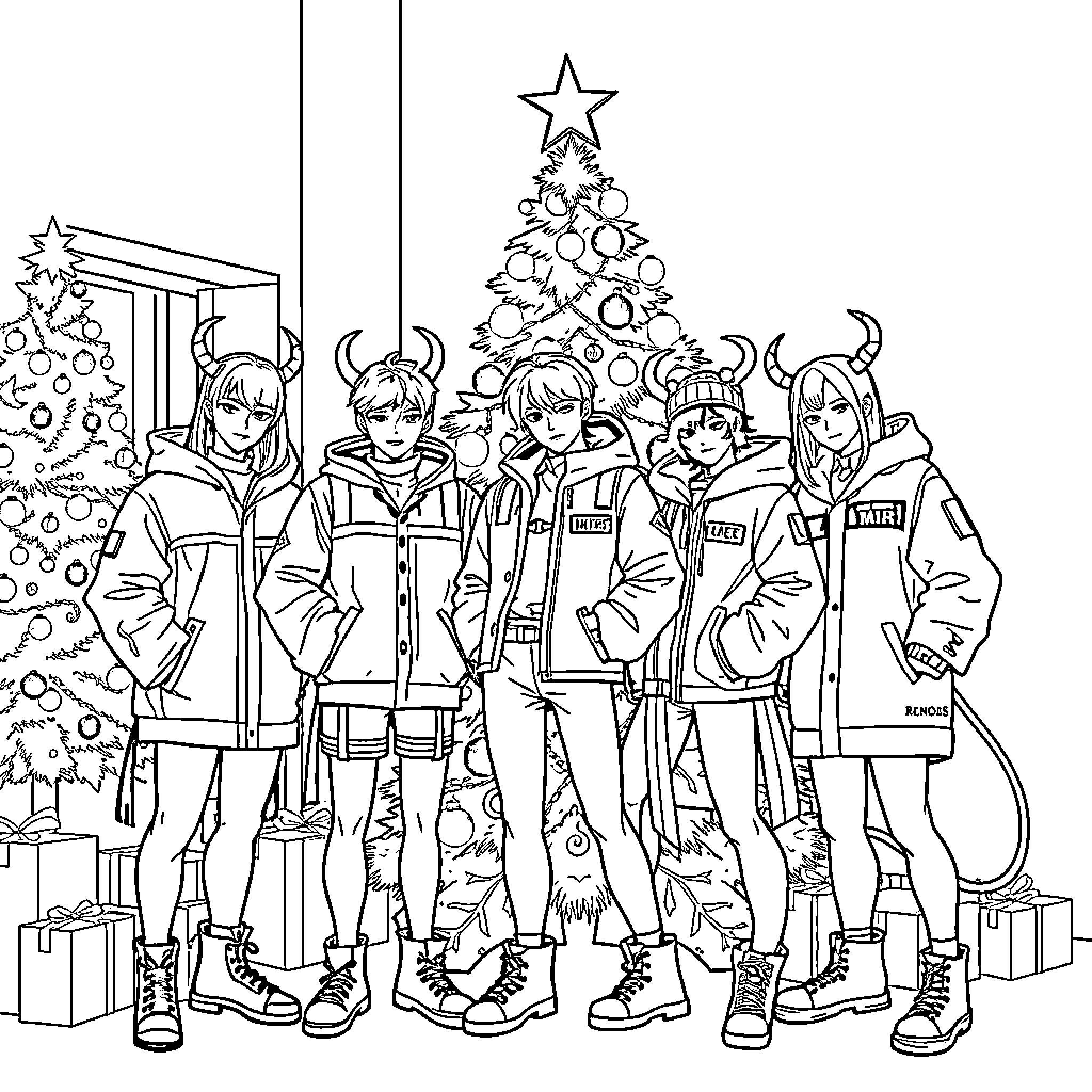 Demon Hunter Squad Celebrates the Holidays Coloring Page (free black-and-white line drawing printable PDF for all, from beginners to advanced learners, including children, teens, adults, and seniors)