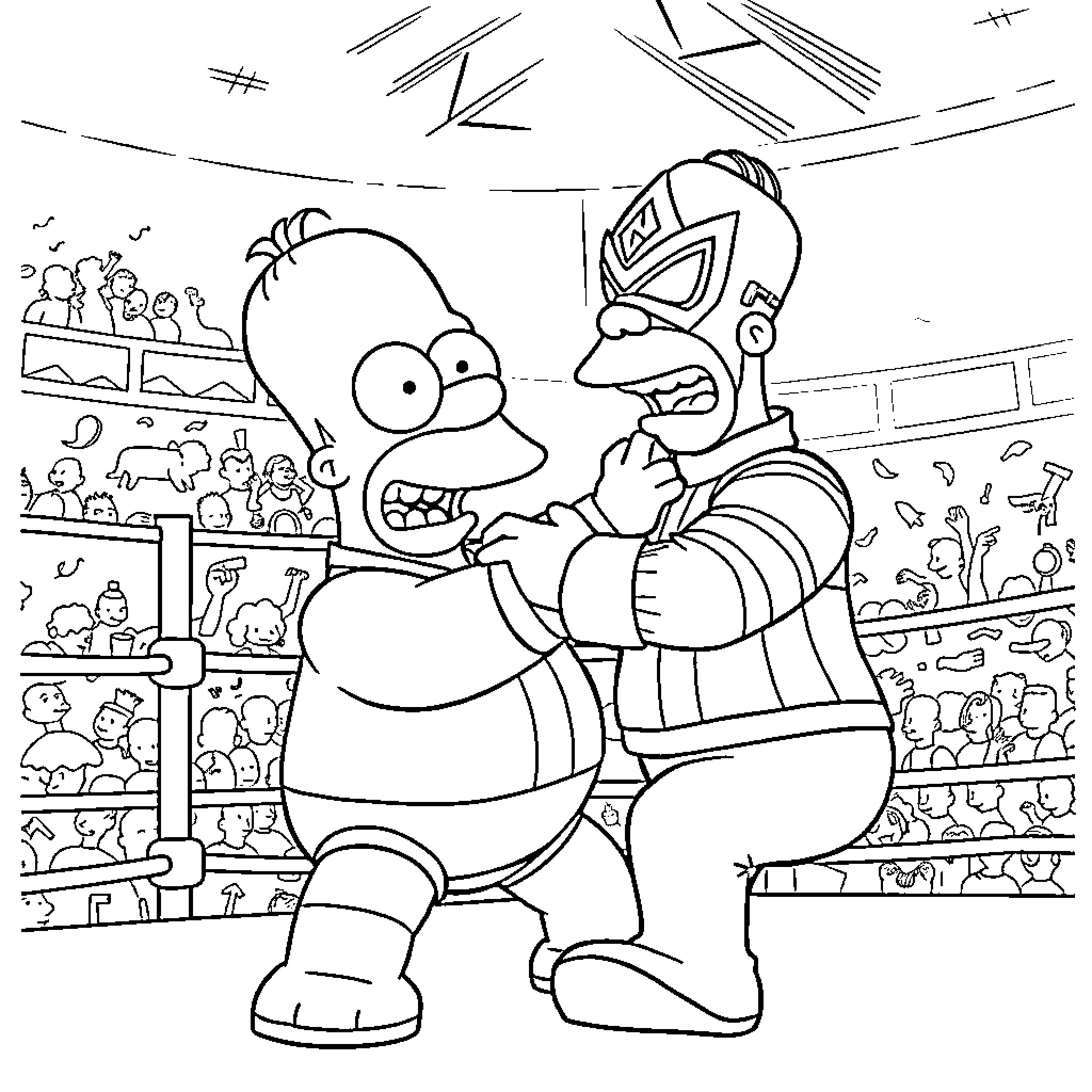Homer Simpson enjoys a lively wrestling match Coloring Page (free black-and-white line drawing printable PDF for all, from beginners to advanced learners, including children, teens, adults, and seniors)