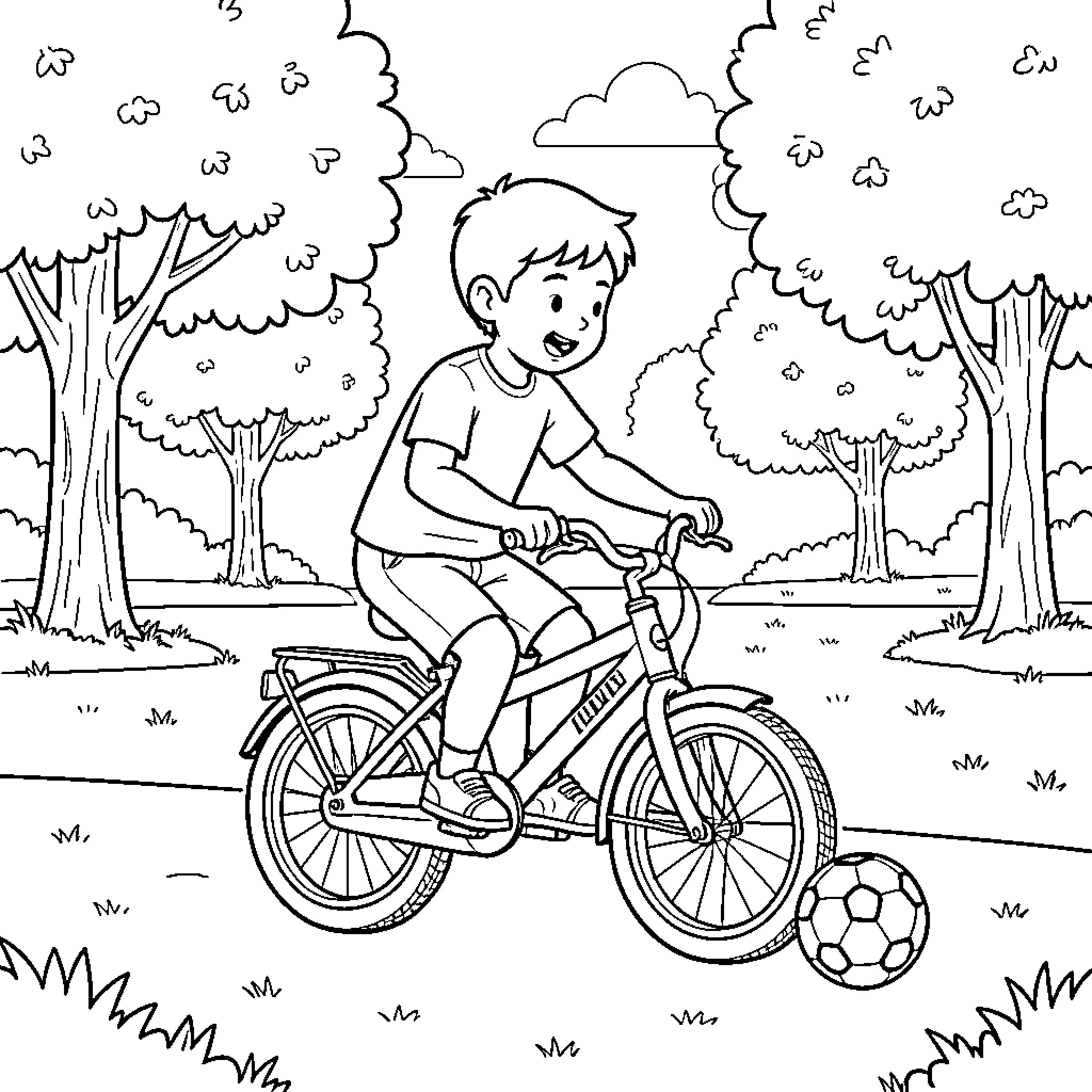 Child riding bicycle in forest Coloring Page (free black-and-white line drawing printable PDF for all, from beginners to advanced learners, including children, teens, adults, and seniors)