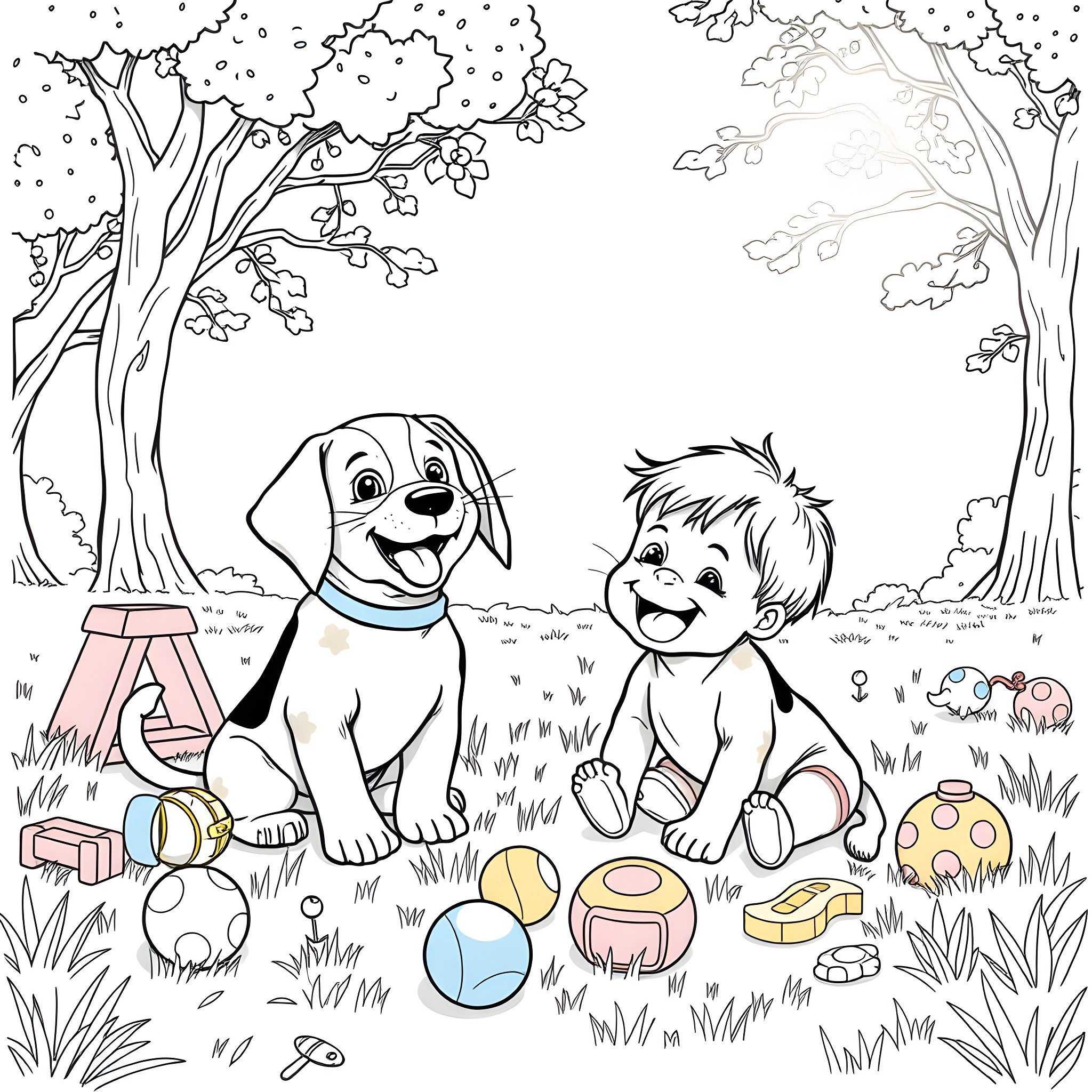 Beagle and young child playing with toys in nature Coloring Page (free black-and-white line drawing printable PDF for all, from beginners to advanced learners, including children, teens, adults, and seniors)