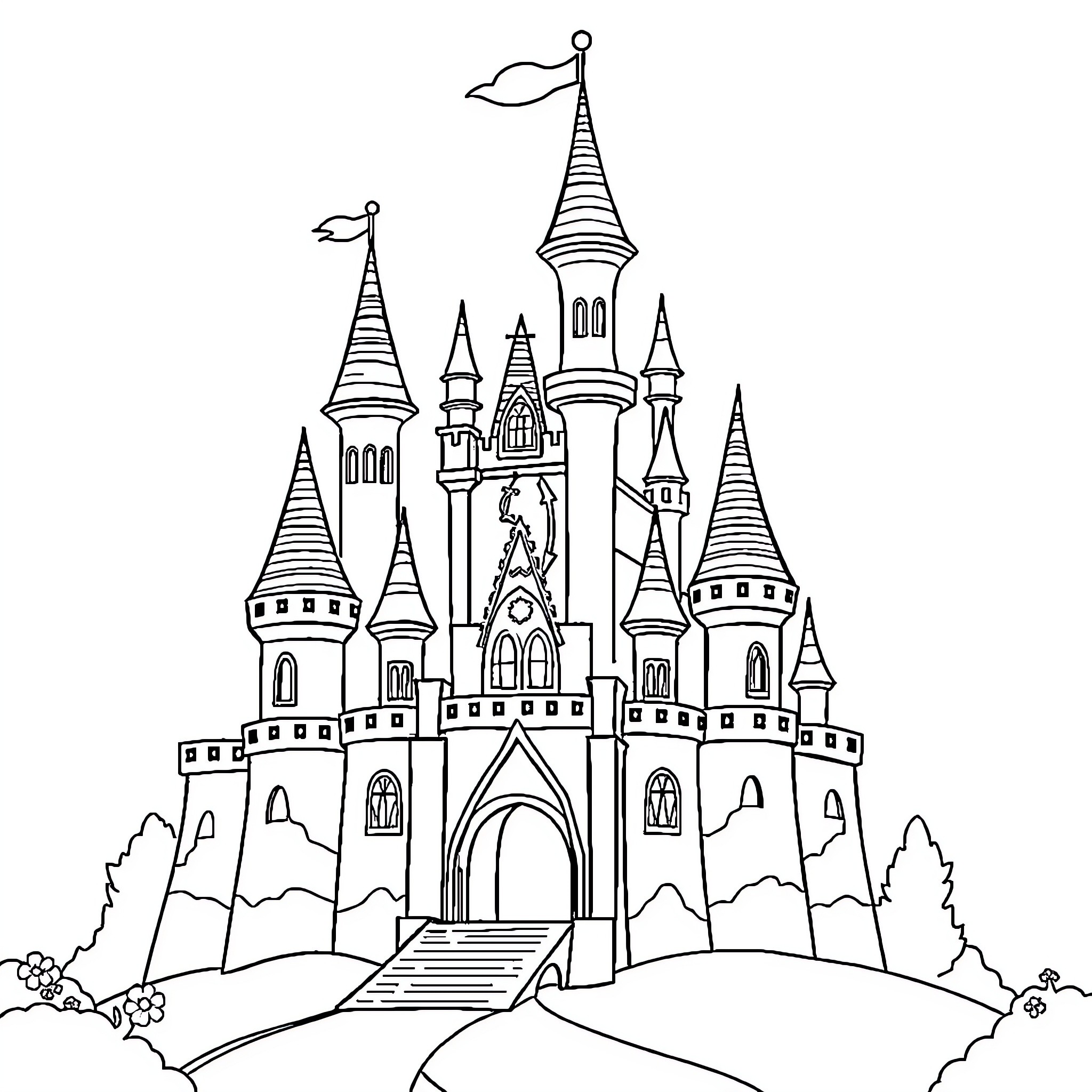 Pony's Castle Dream Adventure Coloring Page (free black-and-white line drawing printable PDF for all, from beginners to advanced learners, including children, teens, adults, and seniors)