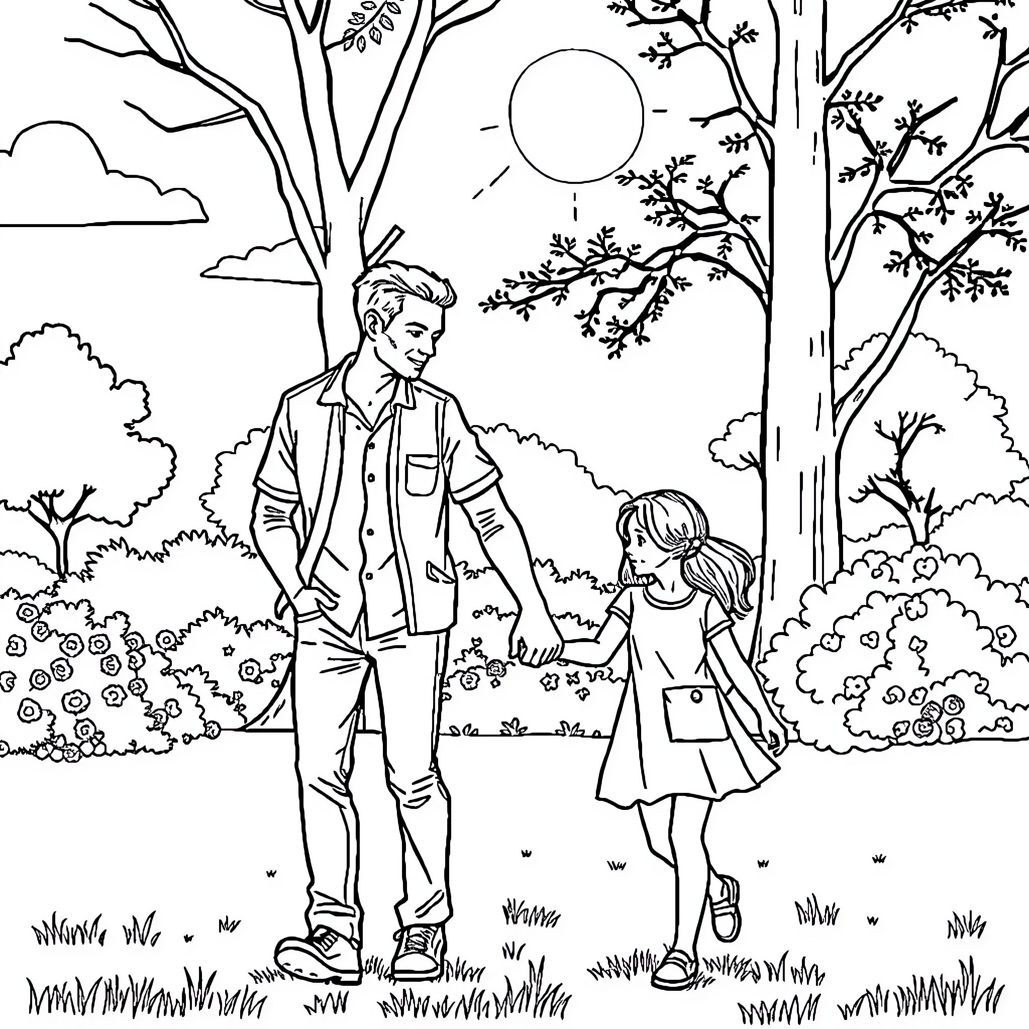 Man and girl enjoying nature together Coloring Page (free black-and-white line drawing printable PDF for all, from beginners to advanced learners, including children, teens, adults, and seniors)