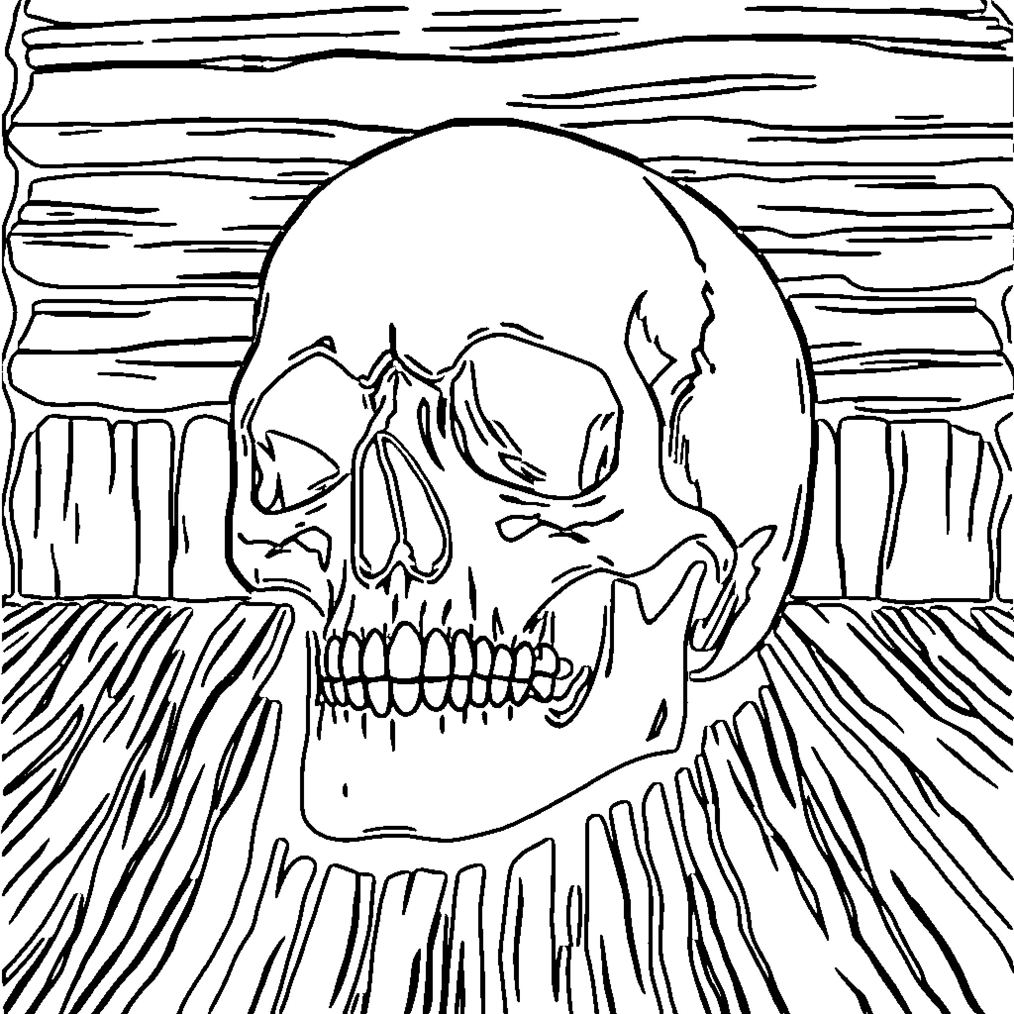 Skull peering through wooden planks Coloring Page (free black-and-white line drawing printable PDF for all, from beginners to advanced learners, including children, teens, adults, and seniors)