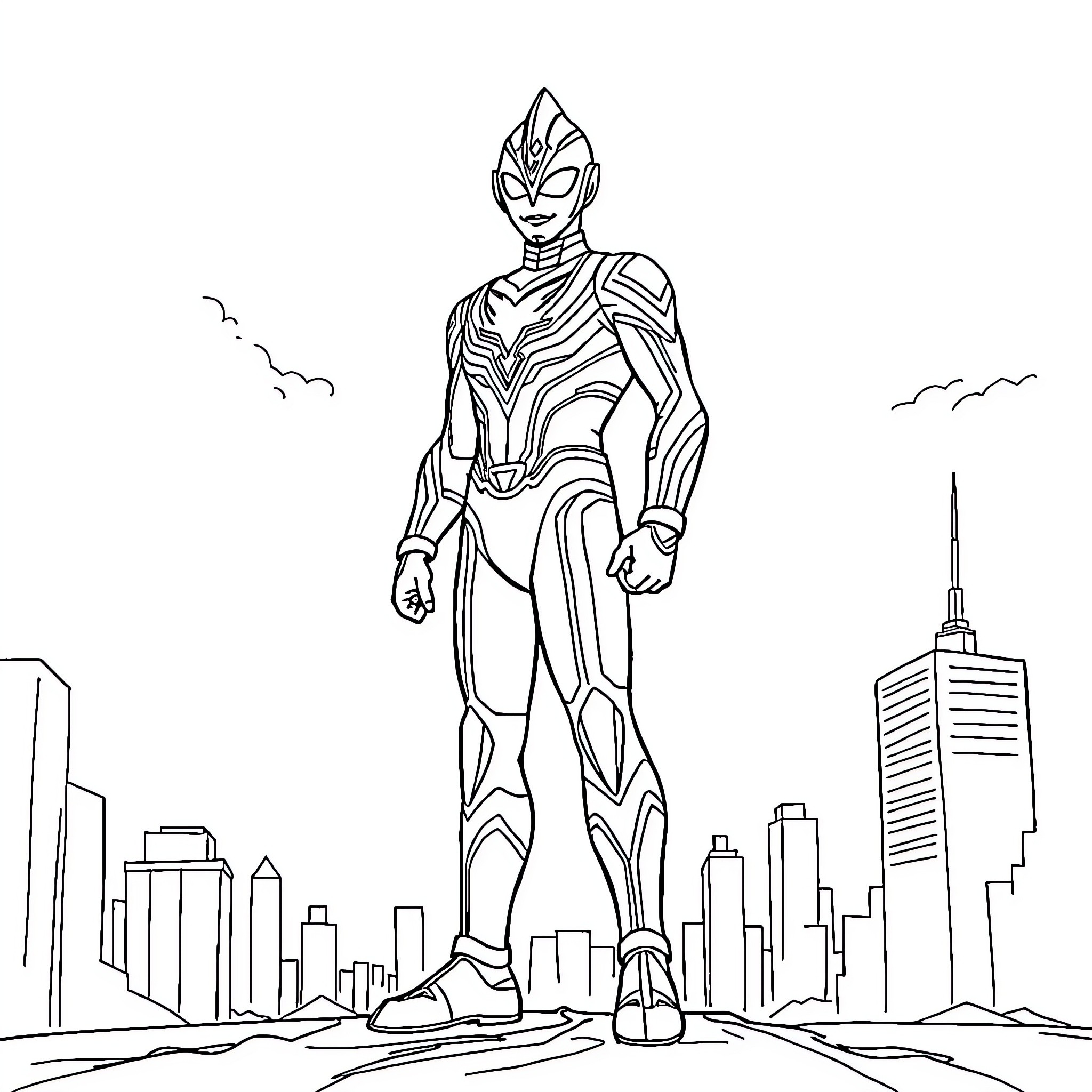 Ultraman stands heroically in the city Coloring Page (free black-and-white line drawing printable PDF for all, from beginners to advanced learners, including children, teens, adults, and seniors)