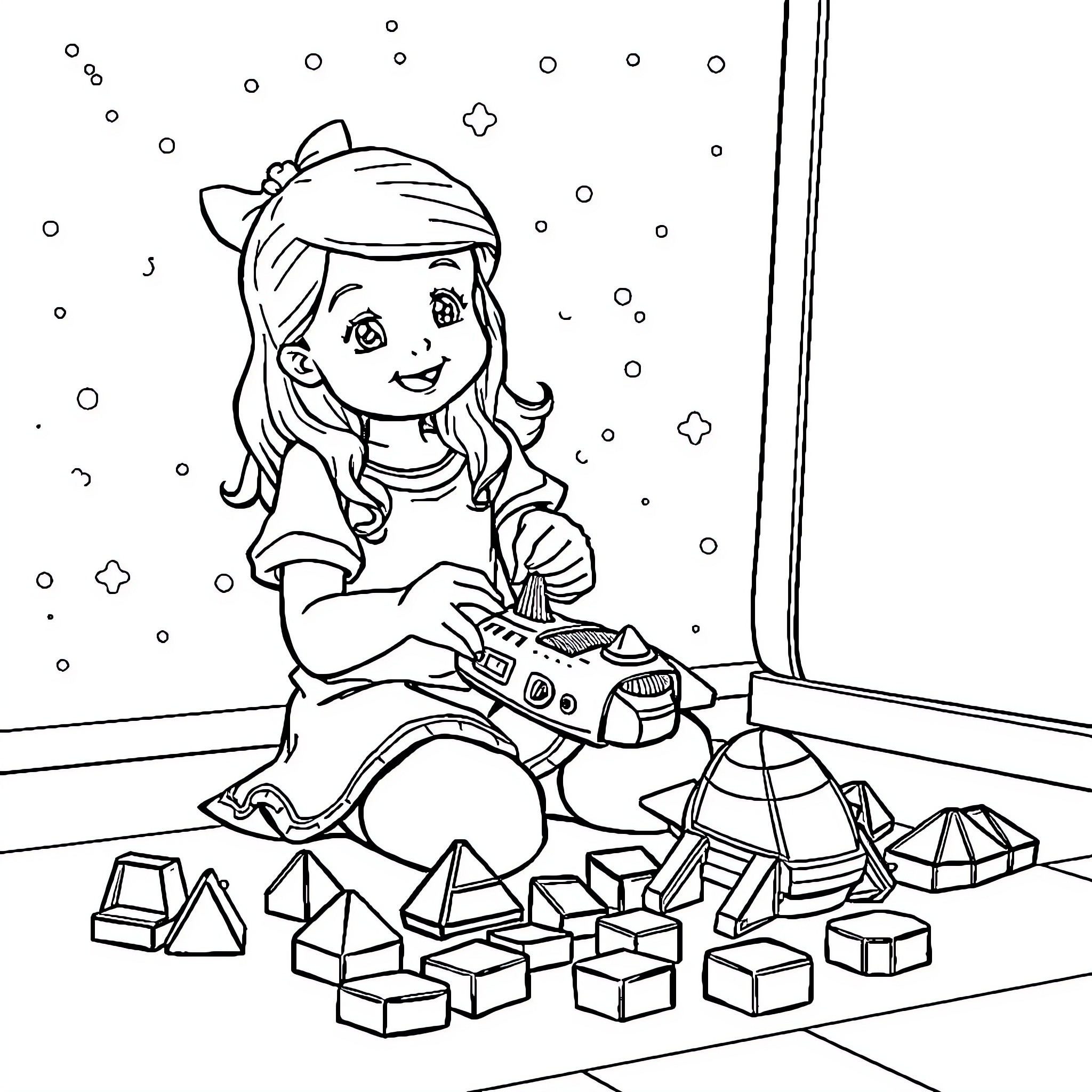 Spaceship pilot playing with geometric blocks on the floor Coloring Page (free black-and-white line drawing printable PDF for all, from beginners to advanced learners, including children, teens, adults, and seniors)
