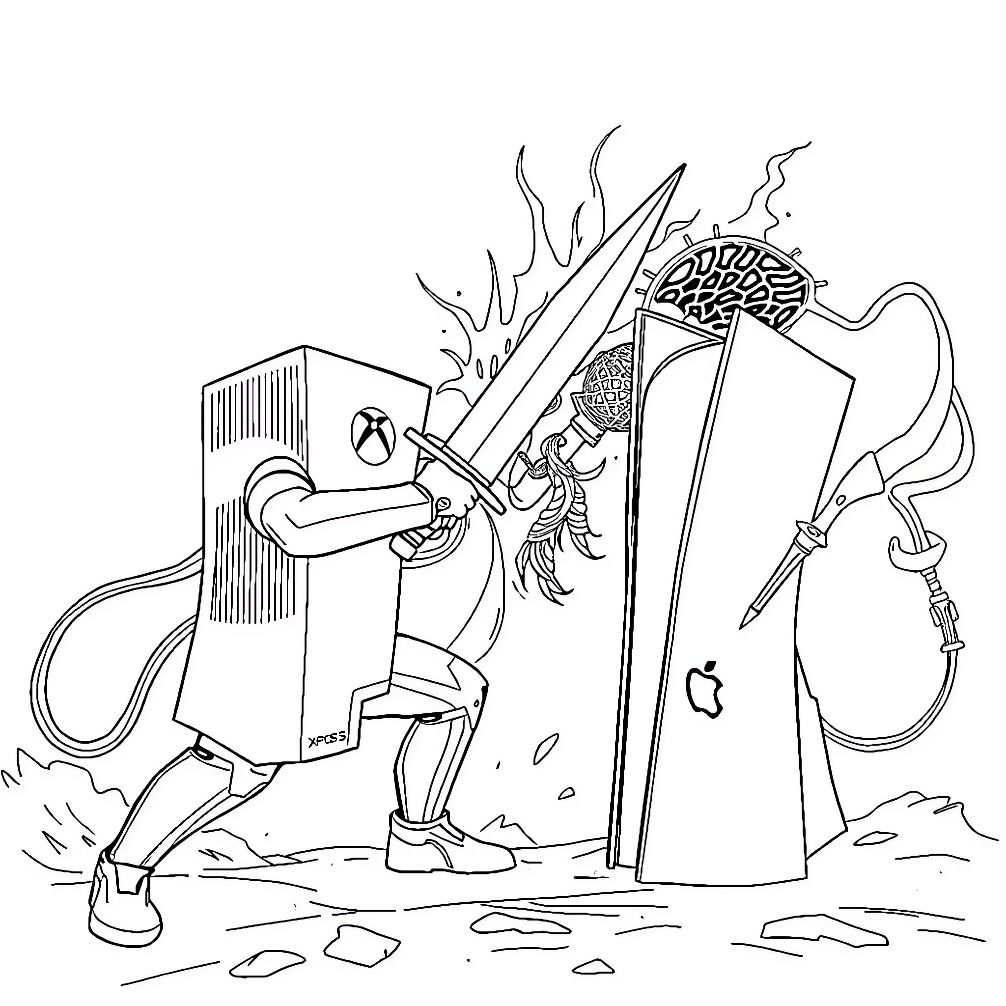 Xbox PlayStation gaming devices battle with medieval weapons Coloring Page (free black-and-white line drawing printable PDF for all, from beginners to advanced learners, including children, teens, adults, and seniors)